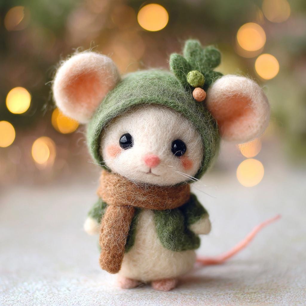 Handmade felt animal mouse figurine by Jiajia Felt Studio, perfect for spring and Easter gifts, featuring detailed needle felting.