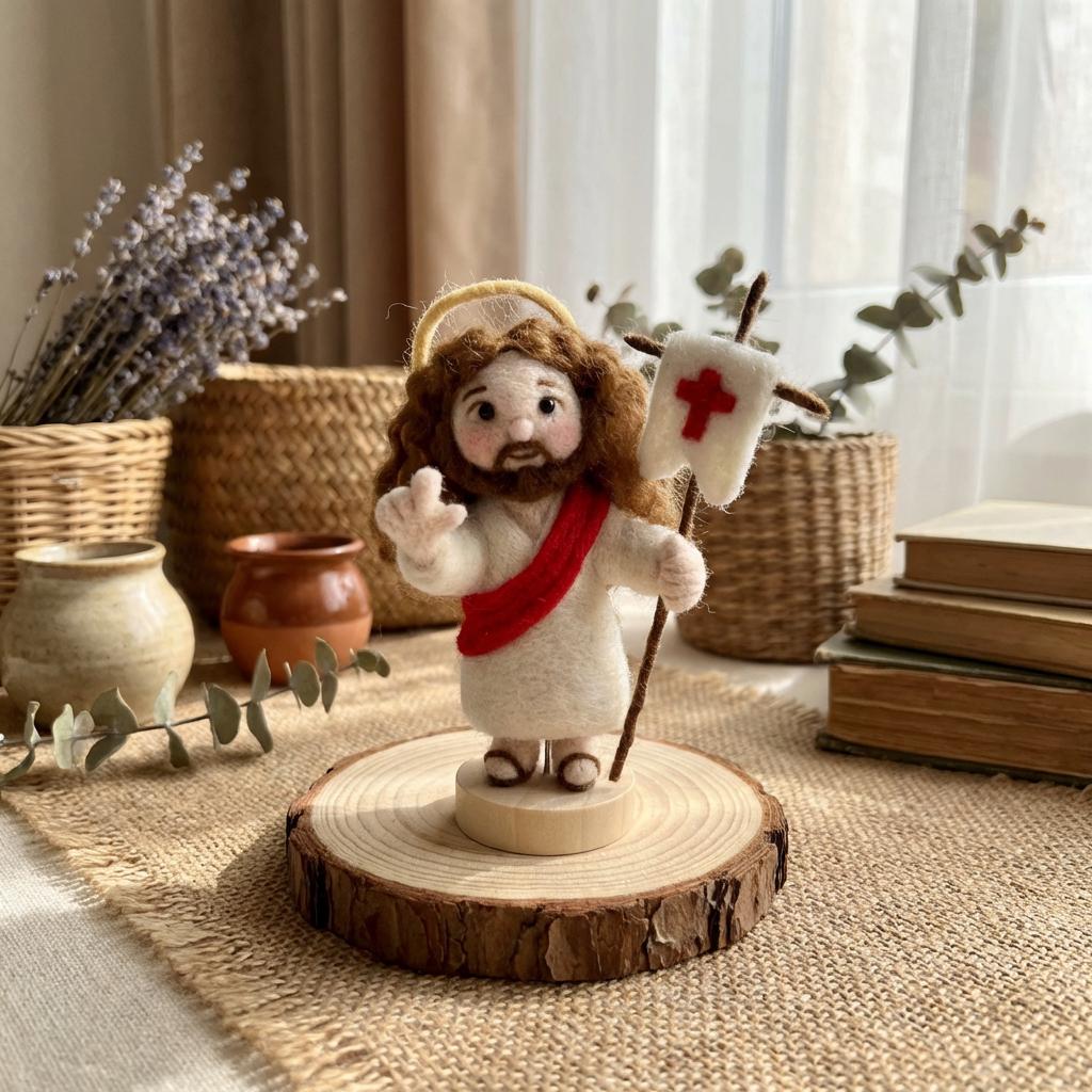 Handmade needle felted Jesus sculpture from Jiajia Felt Studio, Christian faith decor with detailed religious figure design.
