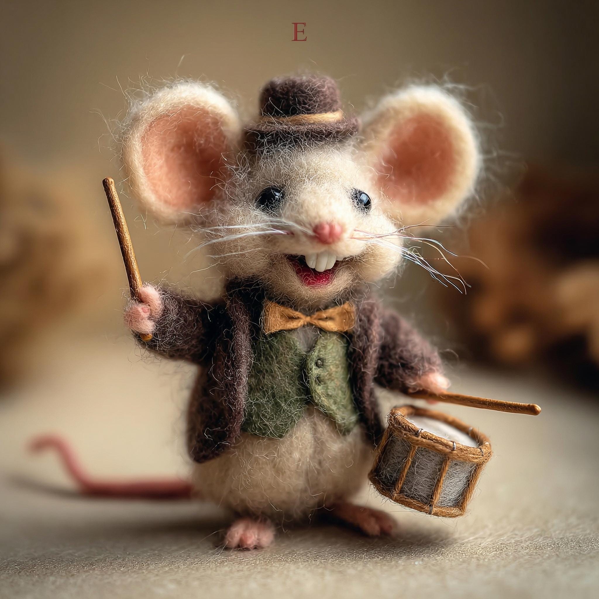 Needle felted mouse figurine by wwwilovefelt, whimsical tiny animal for festive home decor and stocking stuffer.
