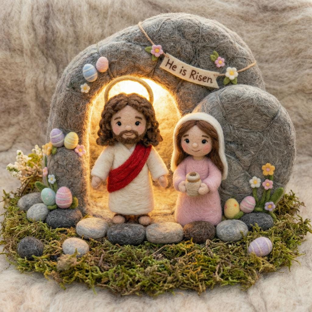 Needle felt easter nativity scene ¨C main view, handmade needle-felted Christian faith keepsake.