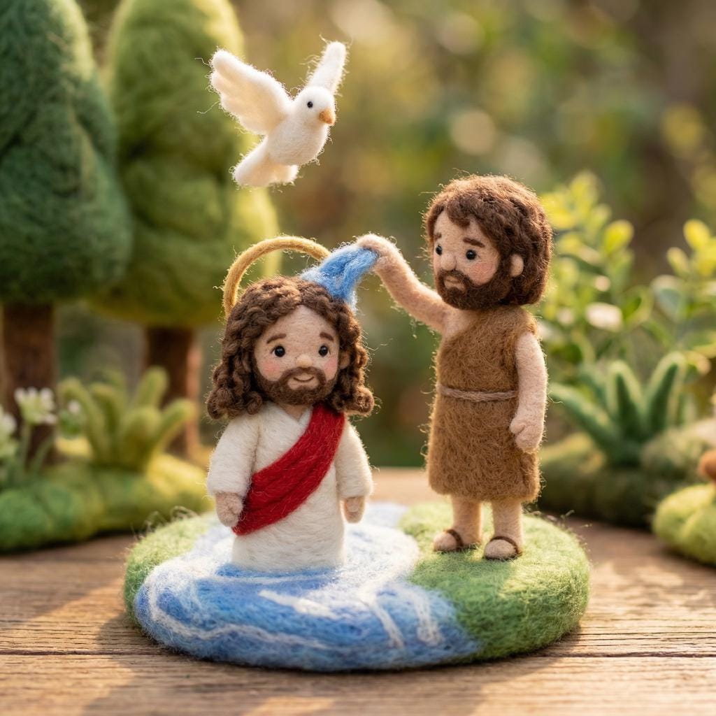 Needle felt Easter Nativity scene from Jiajia Felt Studio, Christian faith decor with detailed religious figures.