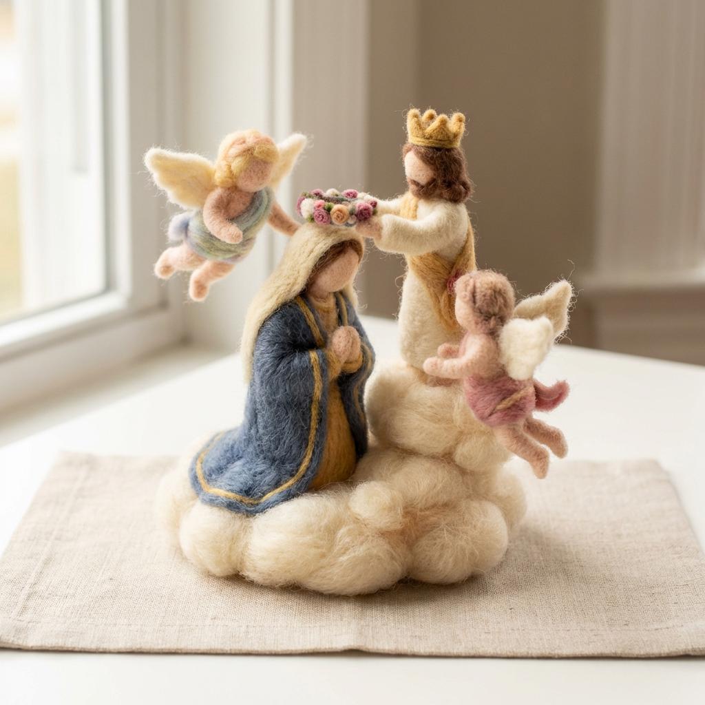 Needle felted Virgin Mary figurine by Jiajia Felt Studio, Christian faith decor with detailed religious felt art.