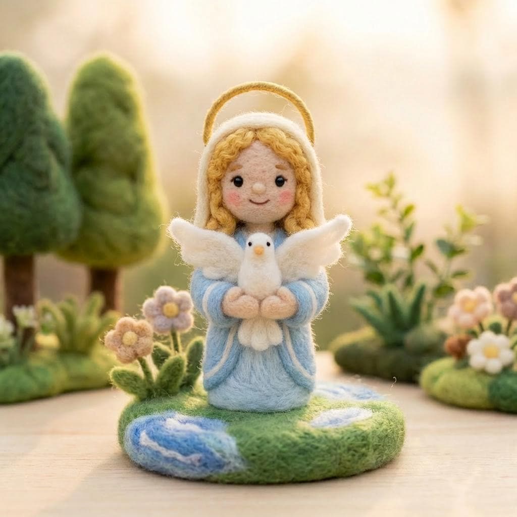 Needle felted virgin mary figurine ¨C side angle showing handcrafted wool texture and details.