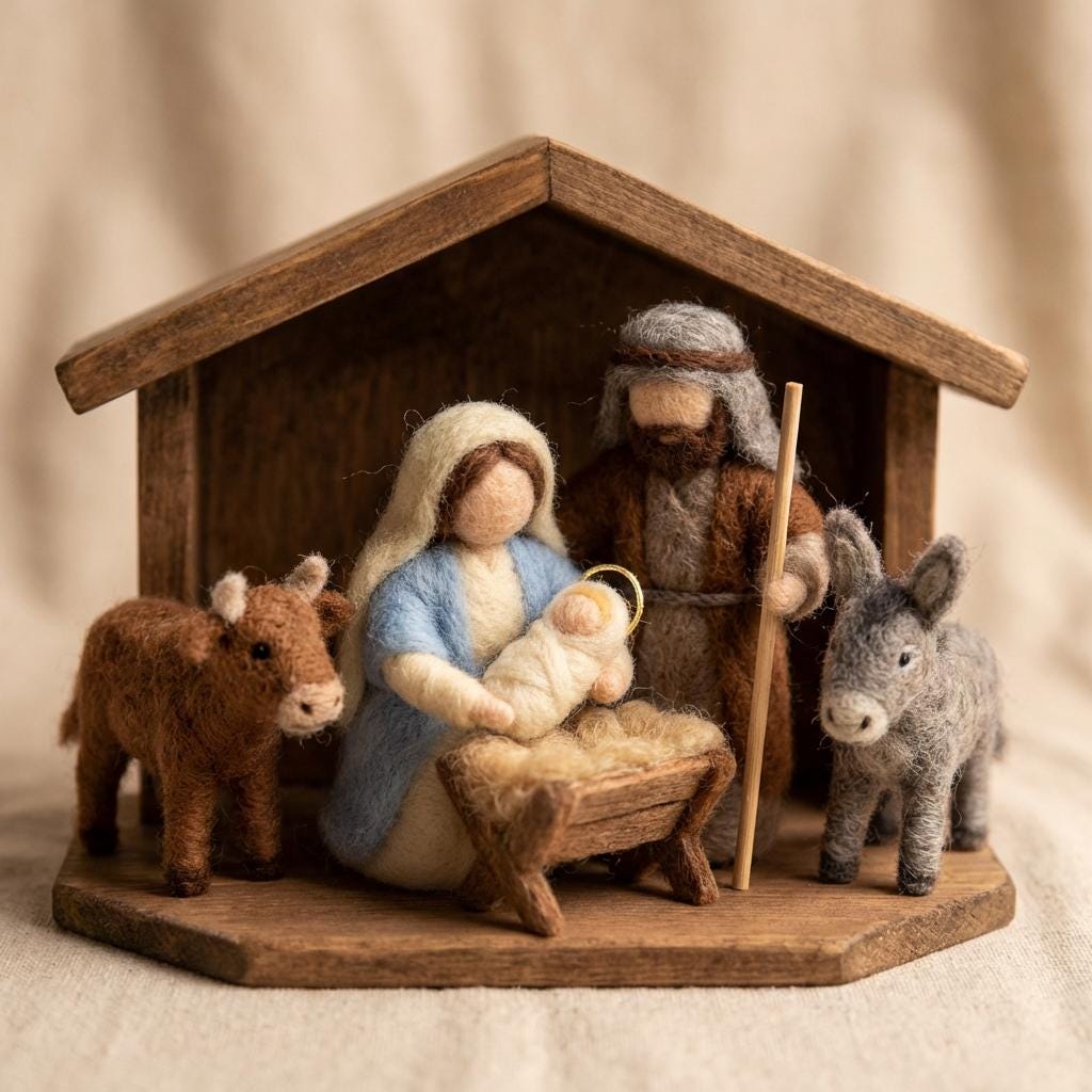Needle felted Virgin Mary figurine by Jiajia Felt Studio, Christian faith decor, detailed religious craft with soft wool texture.