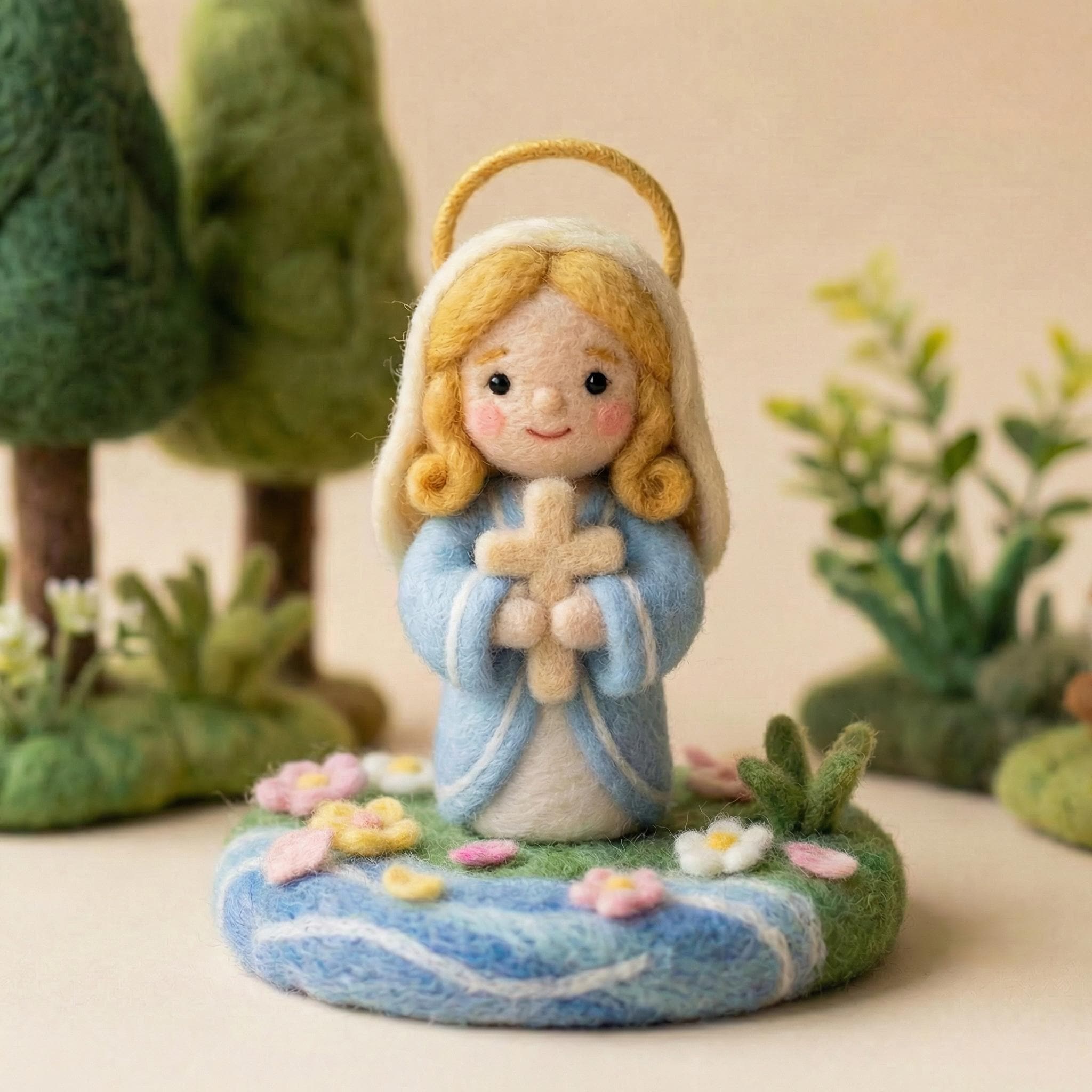 Needle felted Virgin Mary figurine by Jiajia Felt Studio, religious Christian faith decor with detailed handmade wool craft.