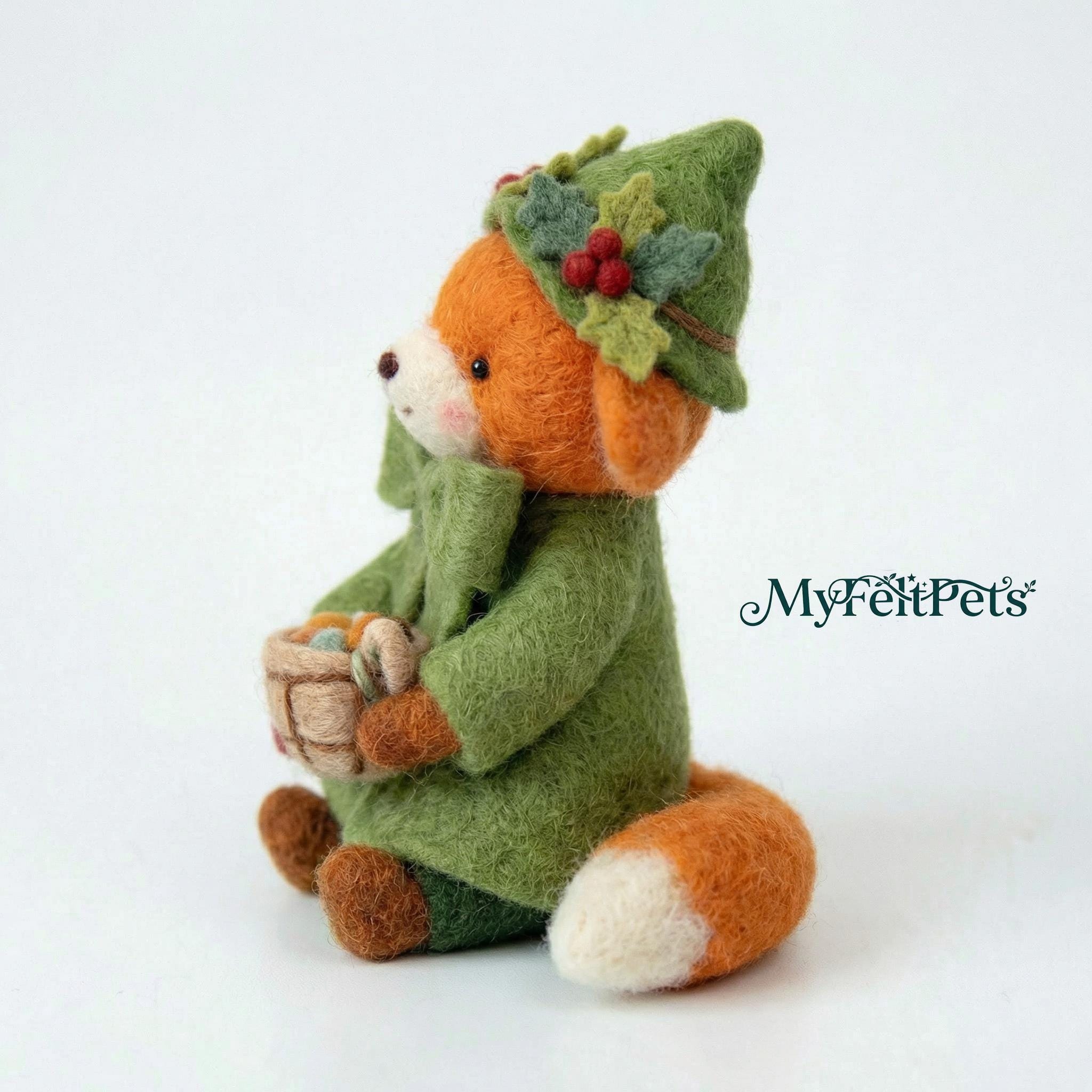 Needle felted fox sprite woodland diorama by Jiajia Felt Studio featuring a whimsical fox figure in a forest scene.