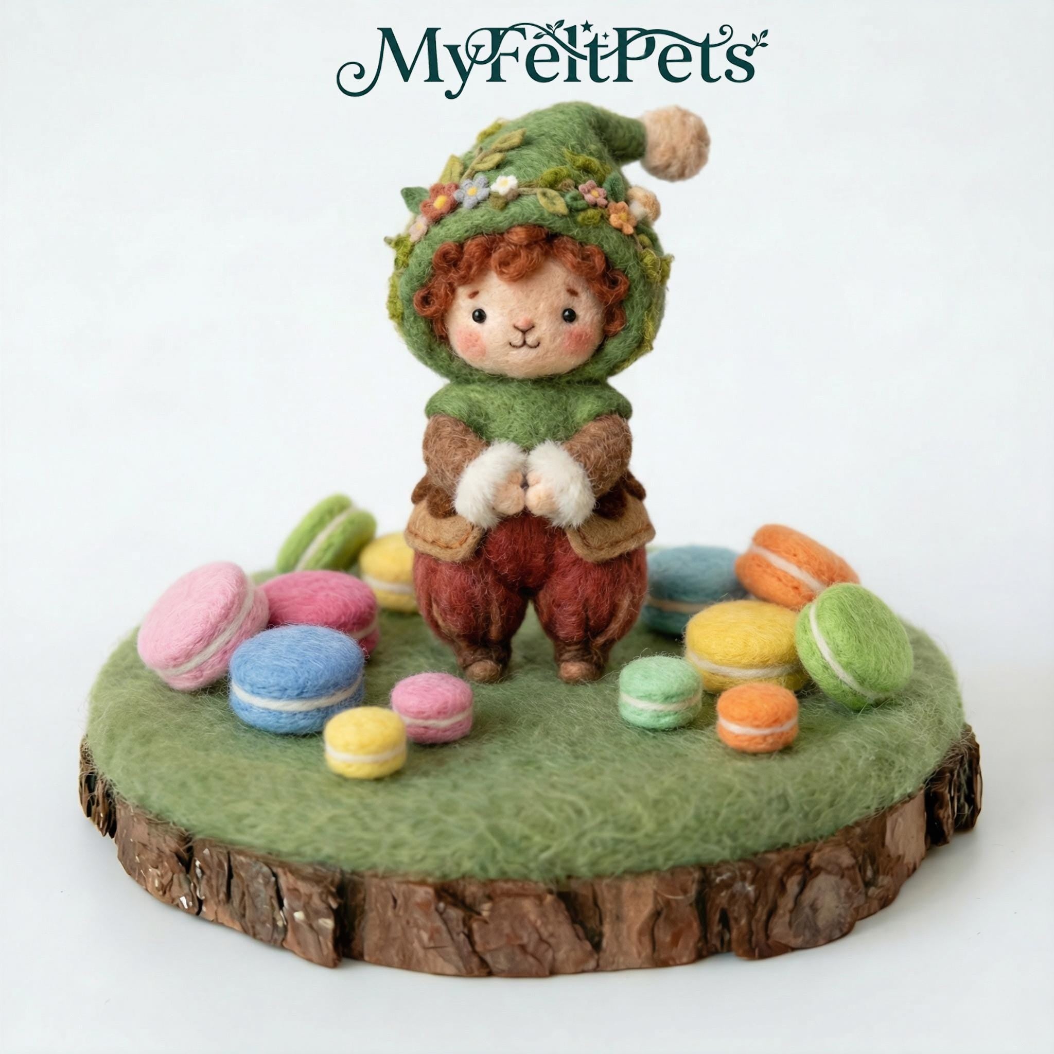 Handmade wool woodland diorama by Jiajia Felt Studio featuring whimsical forest scene with miniature trees and forest creatures.
