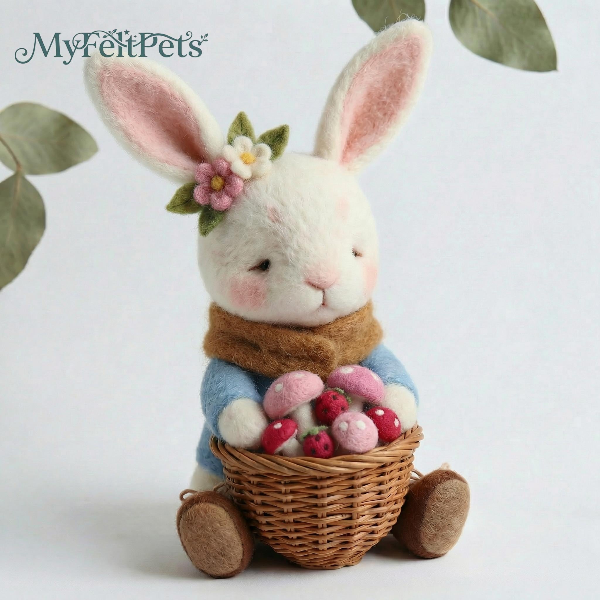 Needle felted woodland bunny figurine by Jiajia Felt Studio, whimsical felt animal decor with detailed features and soft textures.
