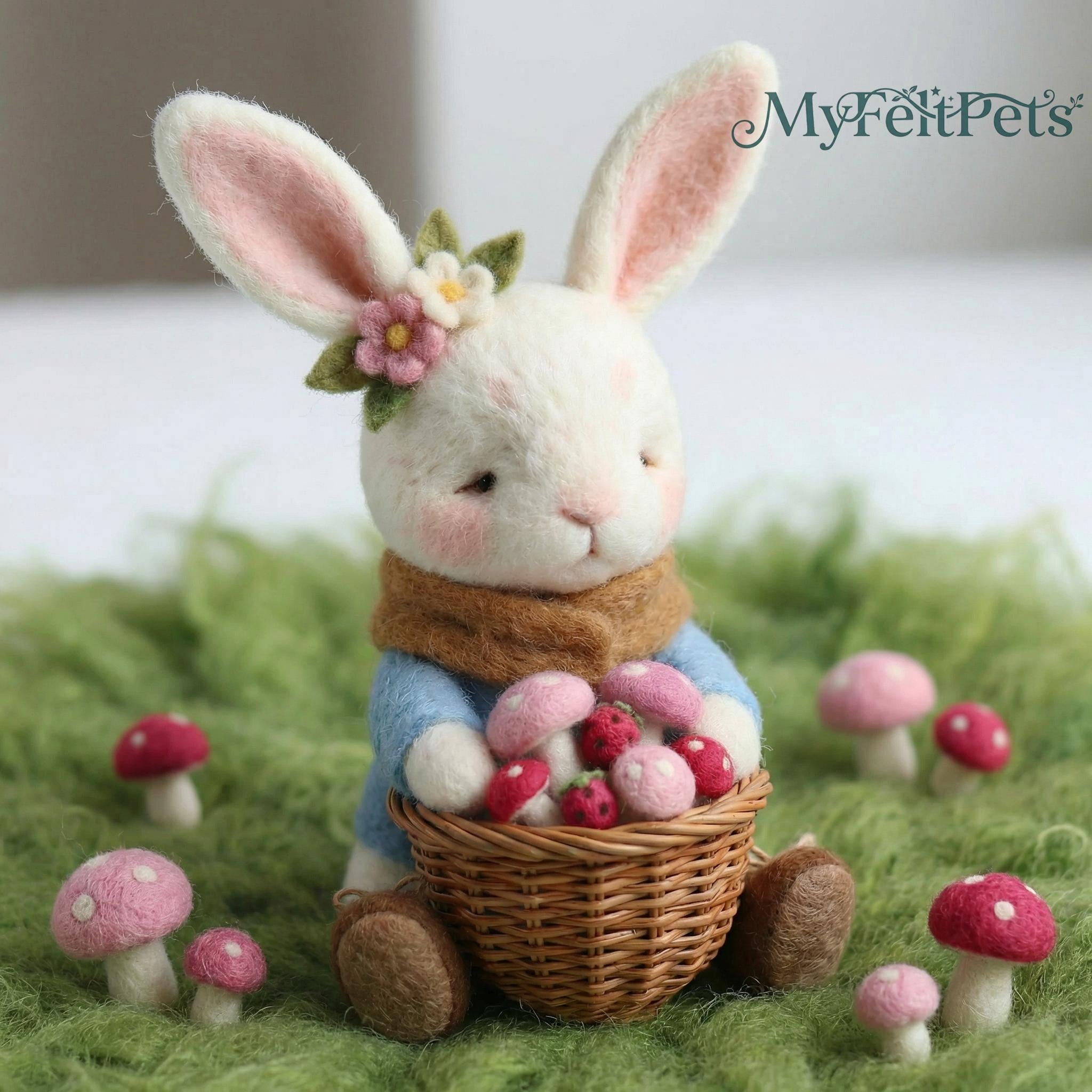 Needle felted storybook bunny figurine by Jiajia Felt Studio, whimsical woodland decor with detailed soft wool texture.