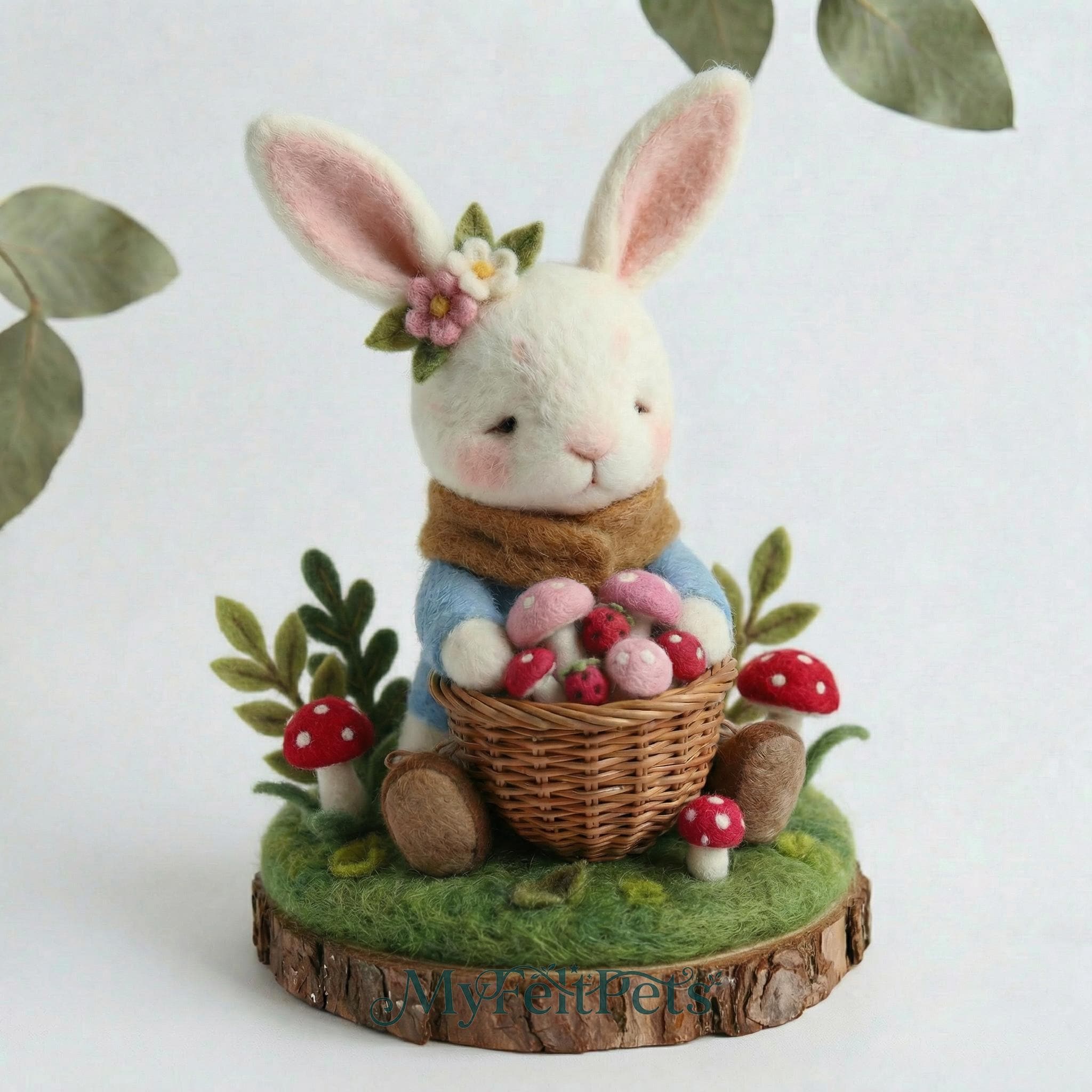 Needle felted storybook bunny figurine by Jiajia Felt Studio, whimsical woodland decor with detailed, soft felt animal craftsmanship.