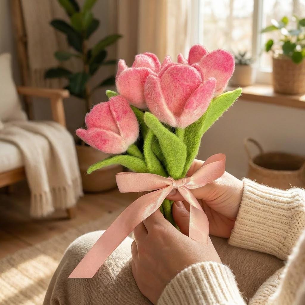 Needle felted handmade flower bouquet by wwwilovefelt, featuring colorful wool flowers for a Mom's Day gift or decorative figurine.