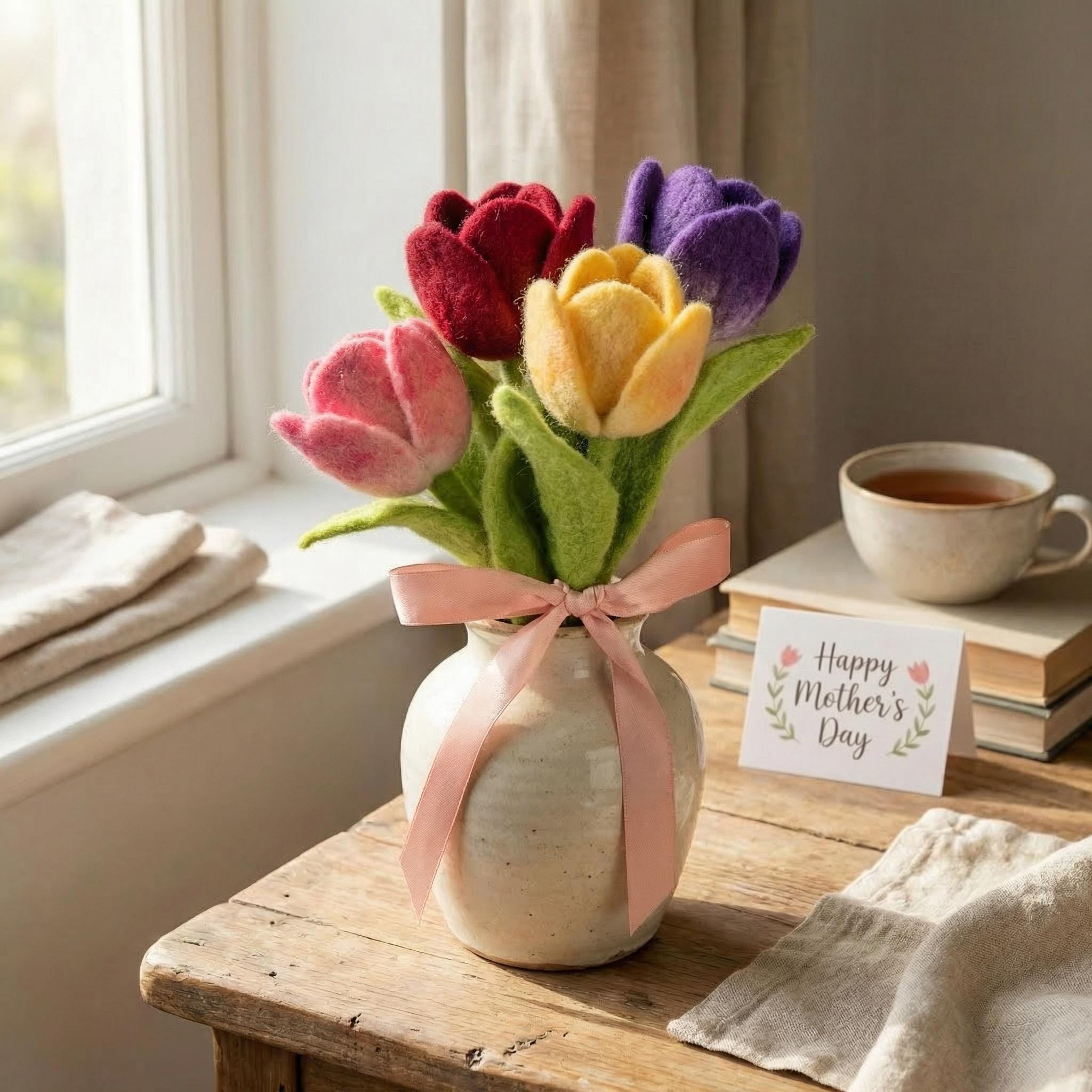 Needle felted floral figurine from wwwilovefelt, handcrafted wool flower bouquet perfect as a Mother's Day gift for mom.