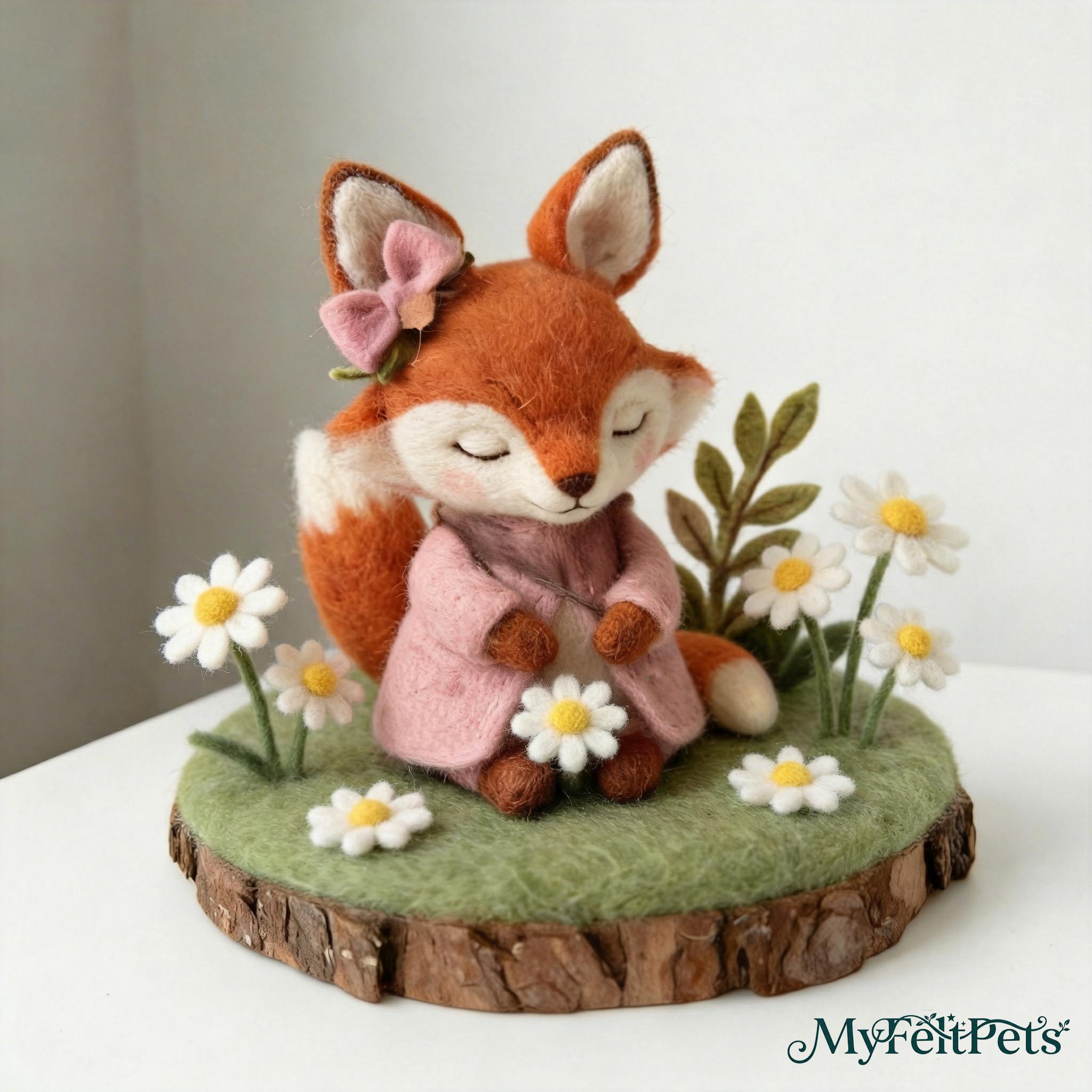 Needle felted fox sculpture ¨C main view, handmade needle-felted whimsical woodland decor.