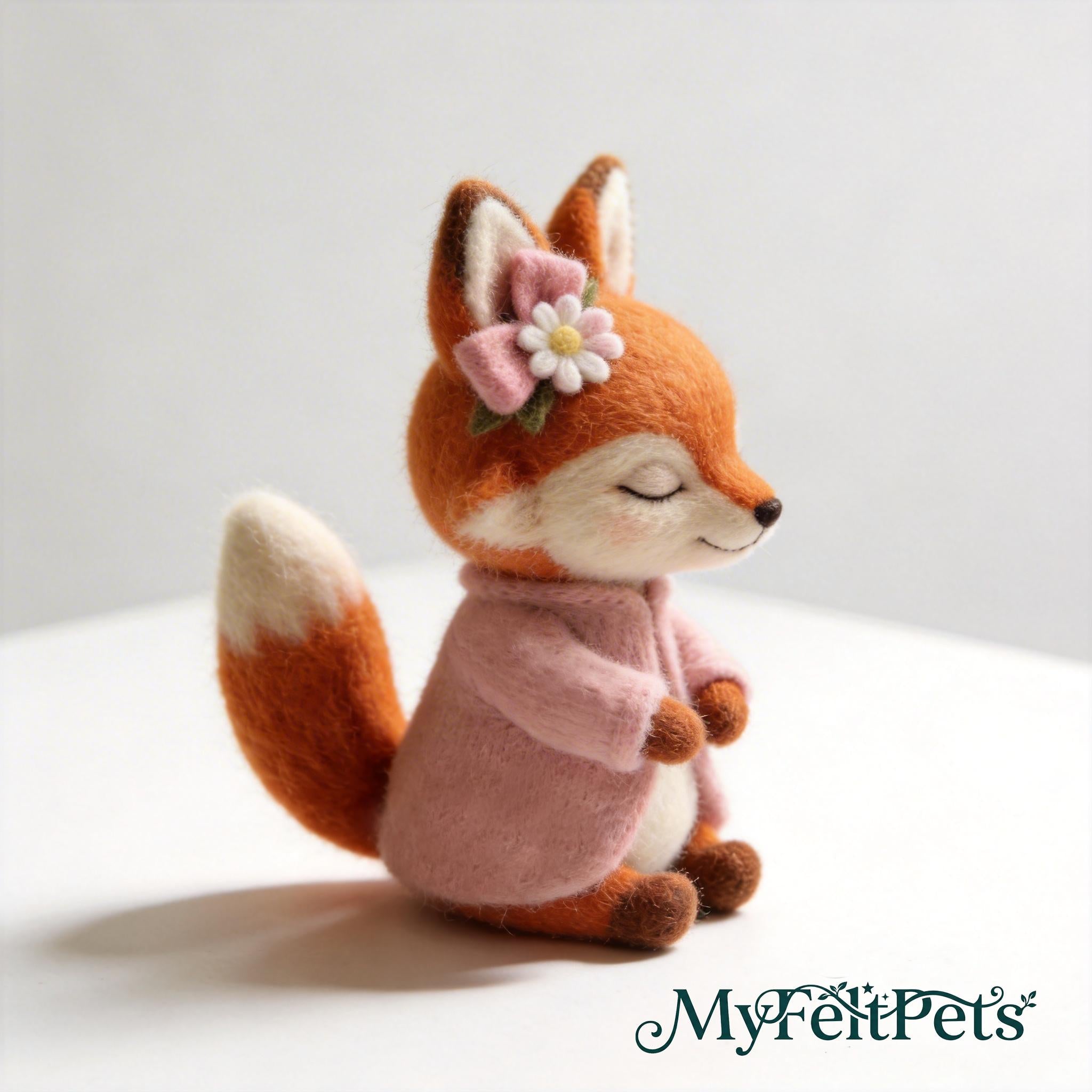 Needle felted fox sculpture from Jiajia Felt Studio, woodland diorama with whimsical fox sitting in natural woodland scene.