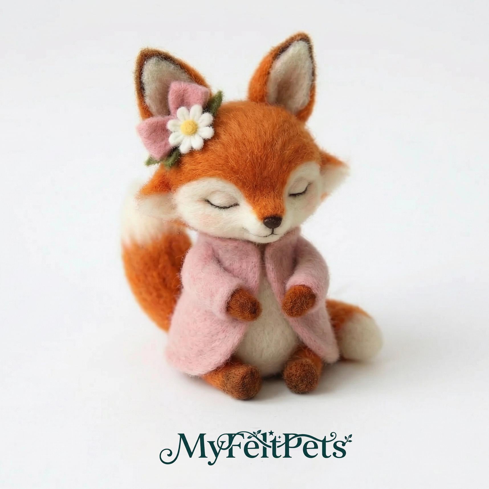 Needle felted fox sculpture in woodland diorama by Jiajia Felt Studio, featuring whimsical forest scene with detailed moss and trees.