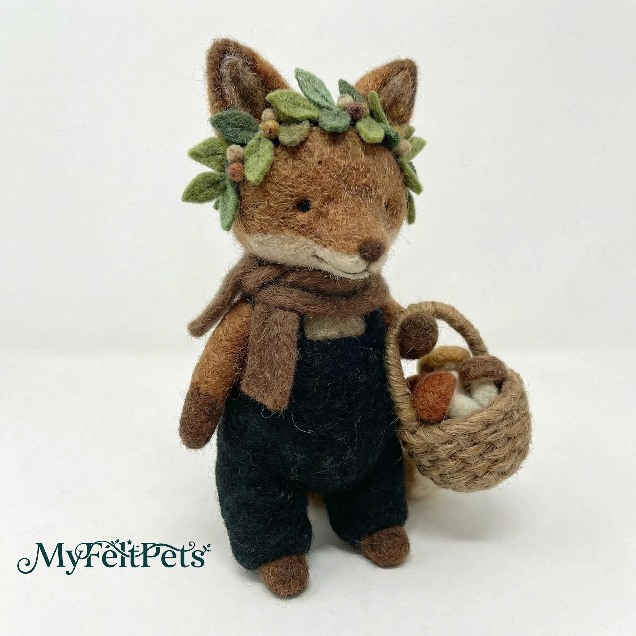 Needle felted fox sculpture in whimsical woodland diorama by Jiajia Felt Studio, showcasing detailed natural fiber craftsmanship.