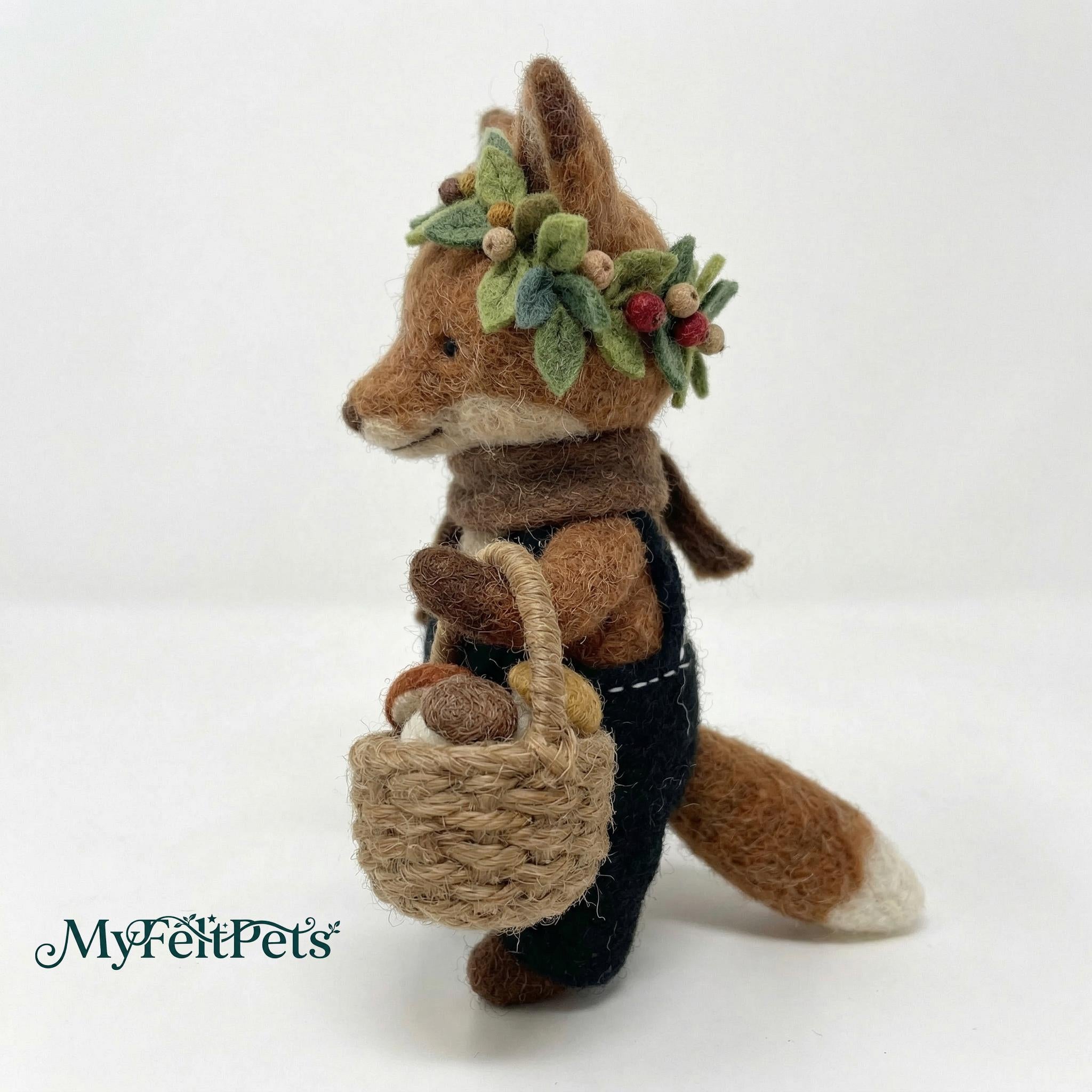 Needle felted fox sculpture in a woodland diorama, whimsical woodland decor by Jiajia Felt Studio, featuring detailed forest elements.