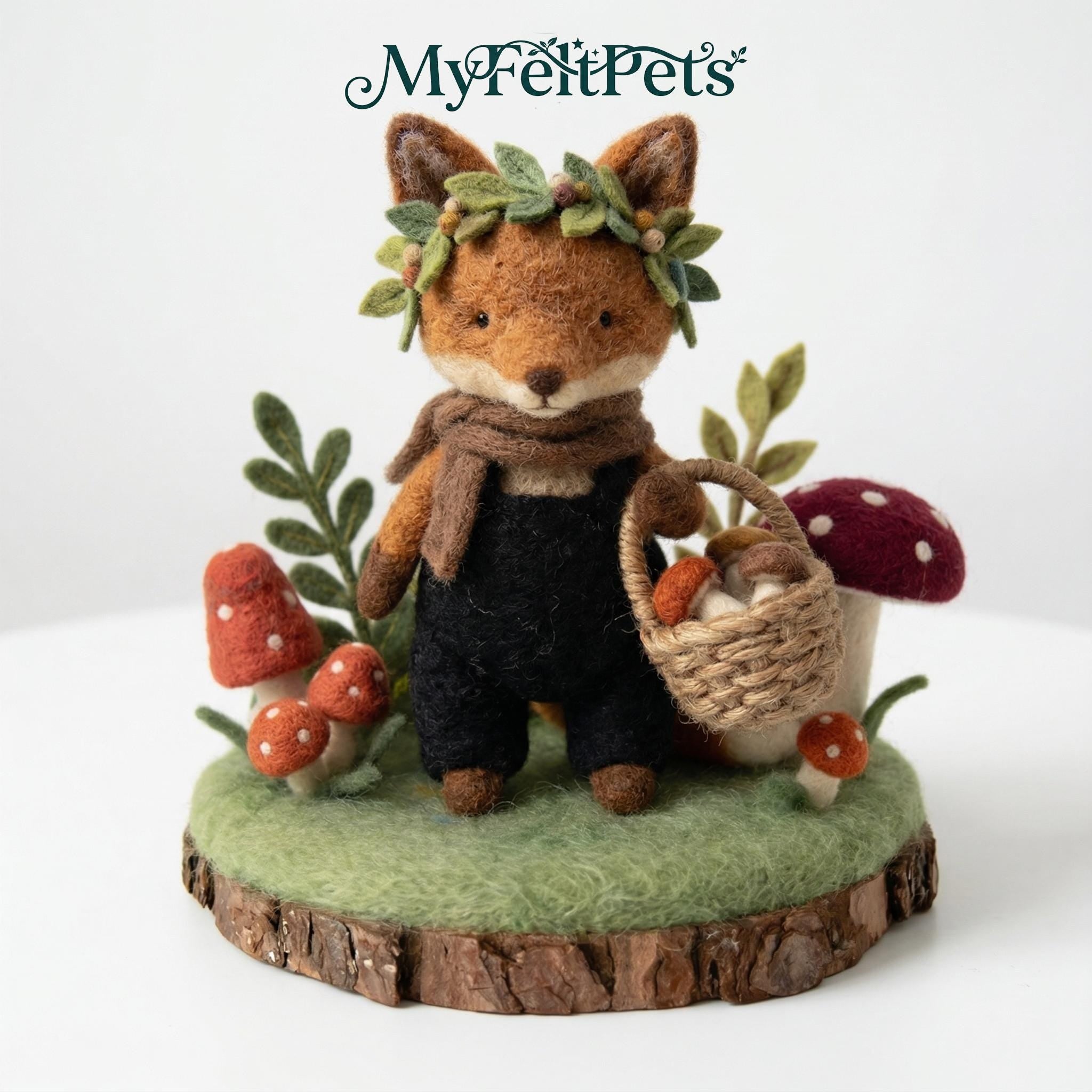Needle felted fox sculpture ¨C main view, handmade needle-felted whimsical woodland decor.