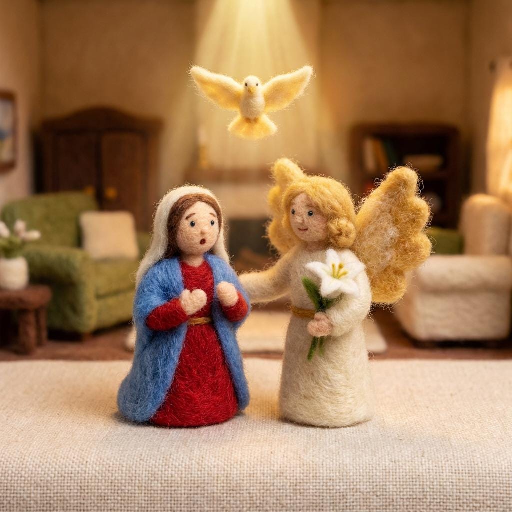 Needle felted virgin mary figurine ¨C main view, handmade needle-felted Christian faith keepsake.