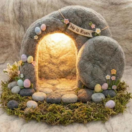 Needle felt Easter Nativity Scene from Jiajia Felt Studio, Christian faith decor featuring handcrafted religious figures.