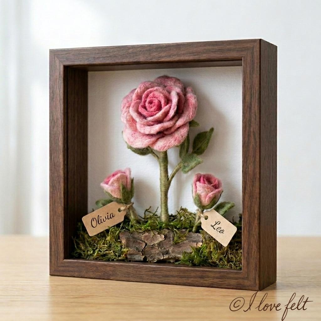 Personalized Felt Rose Shadow Box, Mom's Garden Keepsake, Needle Felted Flower Frame