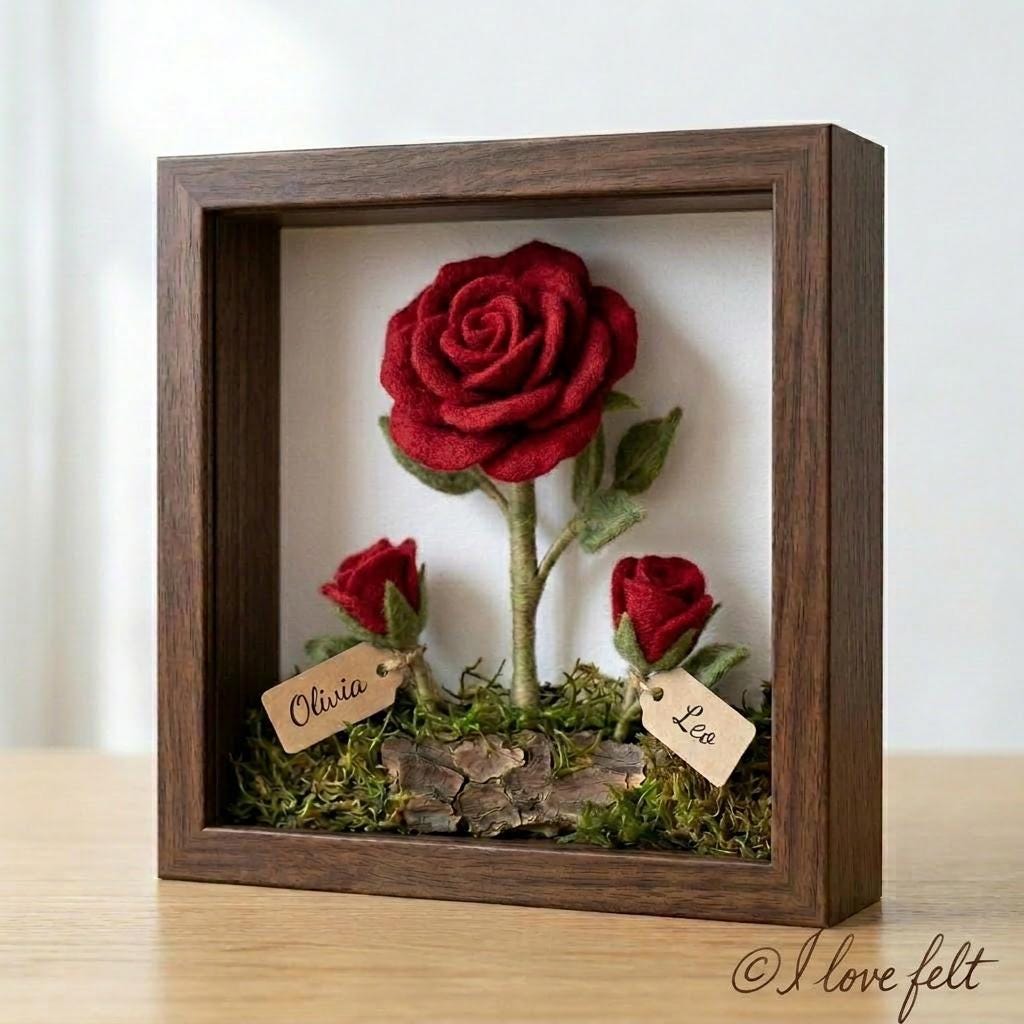 Personalized Felt Rose Shadow Box, Mom's Garden Keepsake, Needle Felted Flower Frame