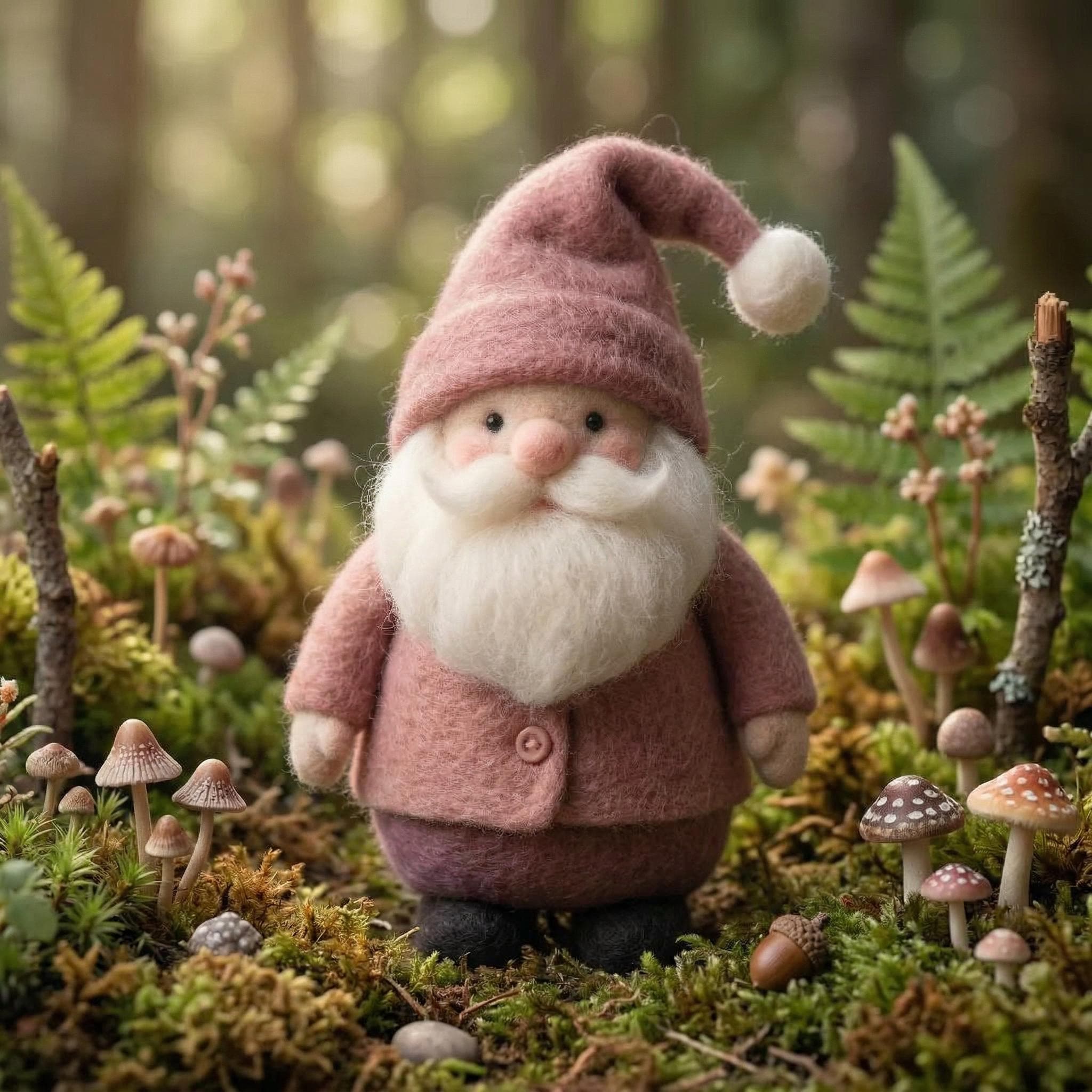 Handmade needle felt gnome figurine with wool woodland design, featuring a tiny gnome with a pointed hat, perfect for miniature decor.