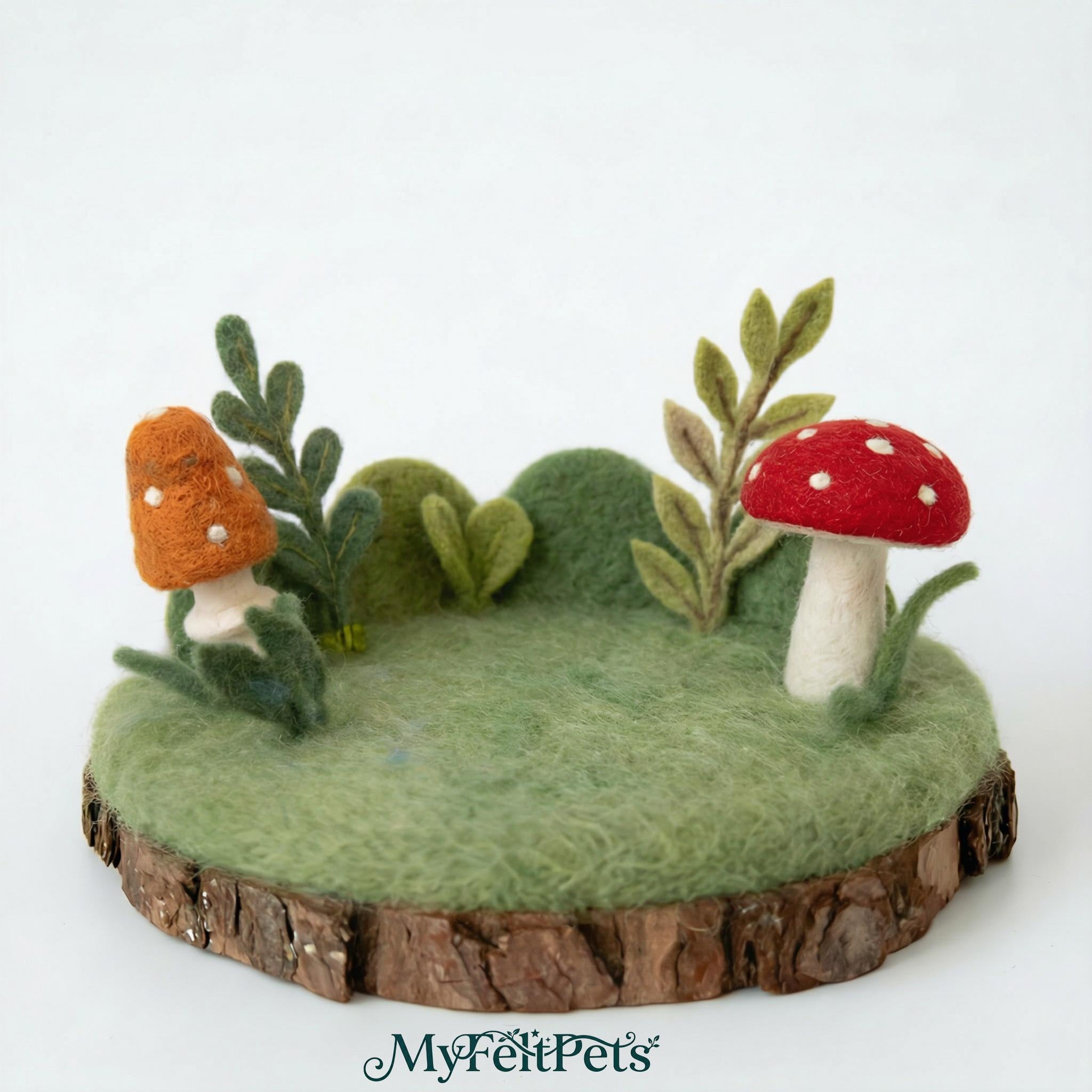 Needle felted fox sprite woodland diorama by Jiajia Felt Studio with whimsical forest scene and miniature fox figure.