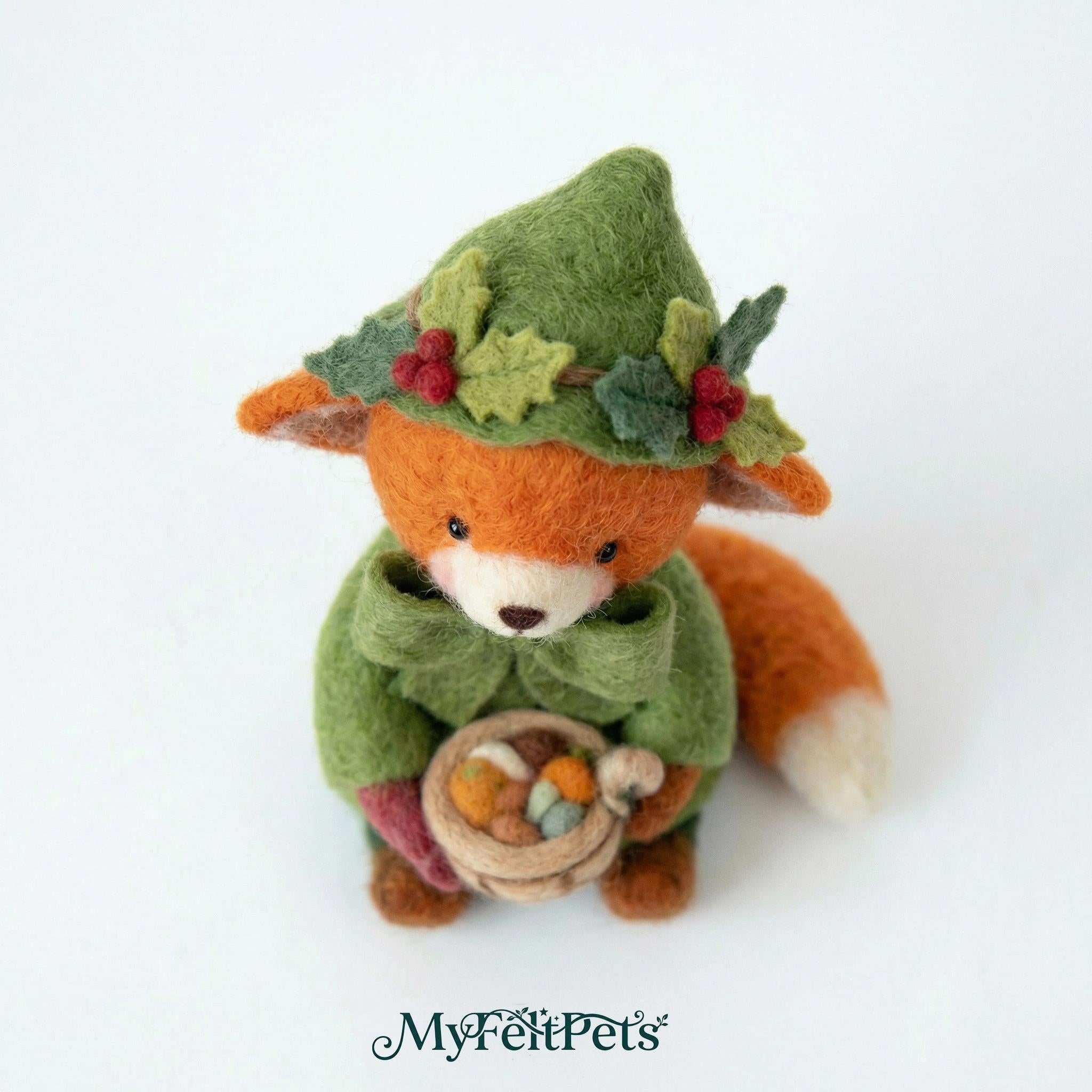 Needle felted fox sprite woodland diorama by Jiajia Felt Studio featuring a whimsical fox figure in a natural forest setting