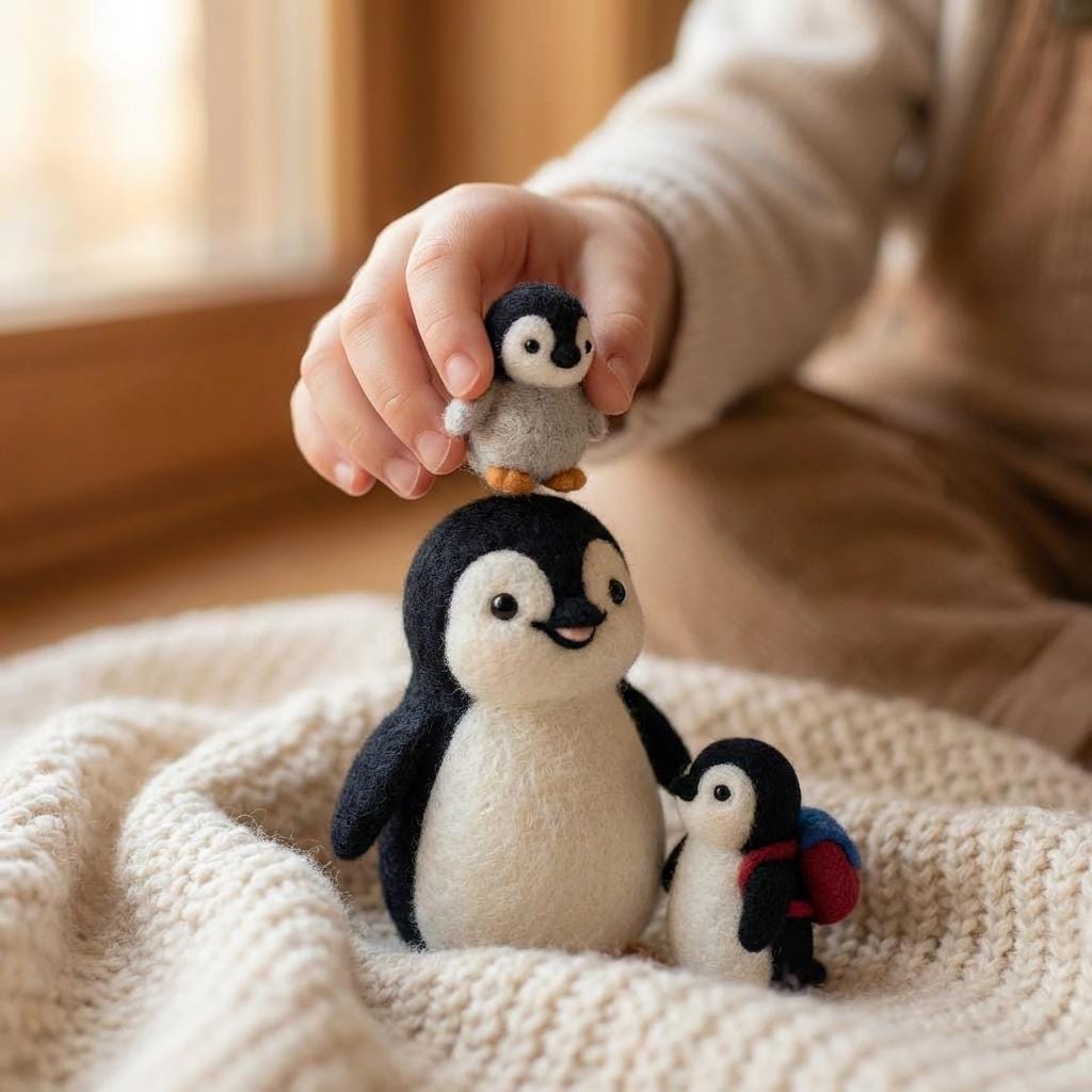 Needle felted penguin family figurines by wwwilovefelt, magnetic wool nursery decor and keepsake display, detailed and colorful.