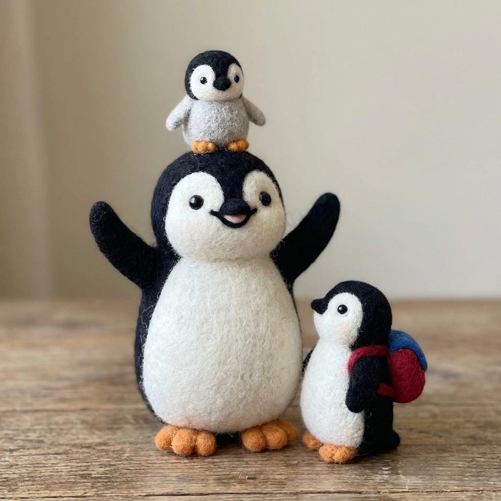 Needle felted penguin family figurines by wwwilovefelt, adorable wool nursery decor and keepsake display with magnetic features.