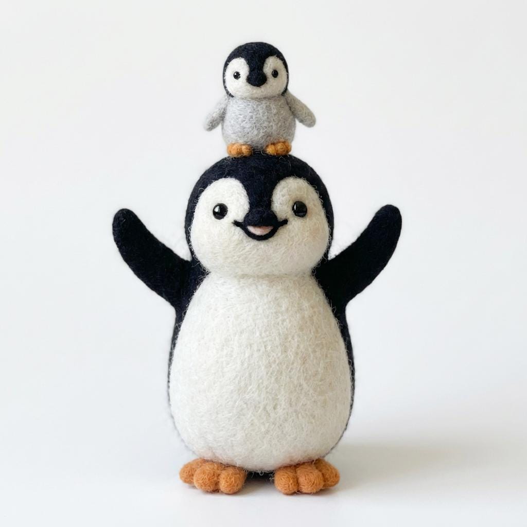 Needle felted penguin family figurines by wwwilovefelt, magnetic wool nursery decor and keepsake display with detailed penguin characters.