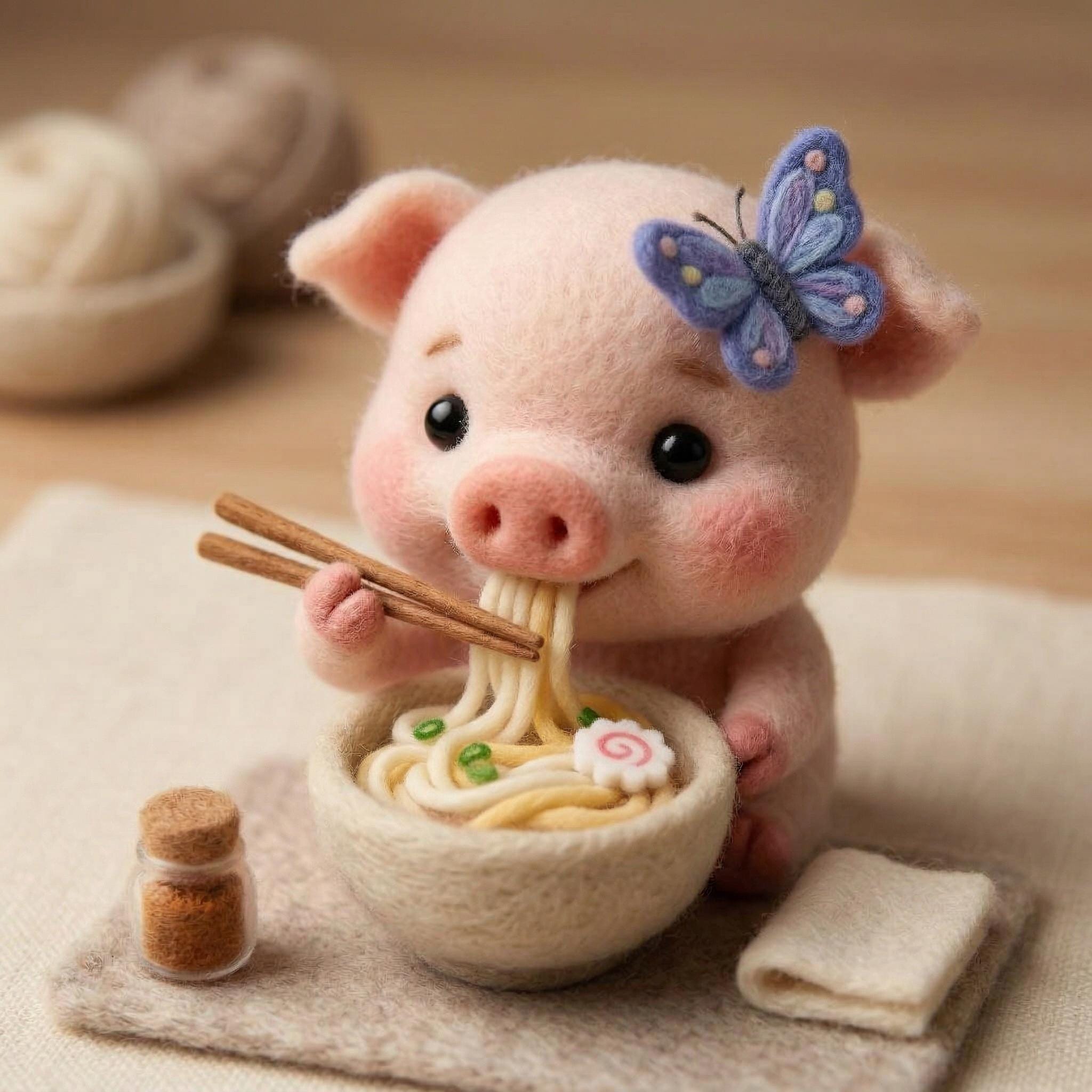 Handmade needle felted pig figurine by wwwilovefelt, whimsical wool sculpture for home decor or gift, detailed and charming.