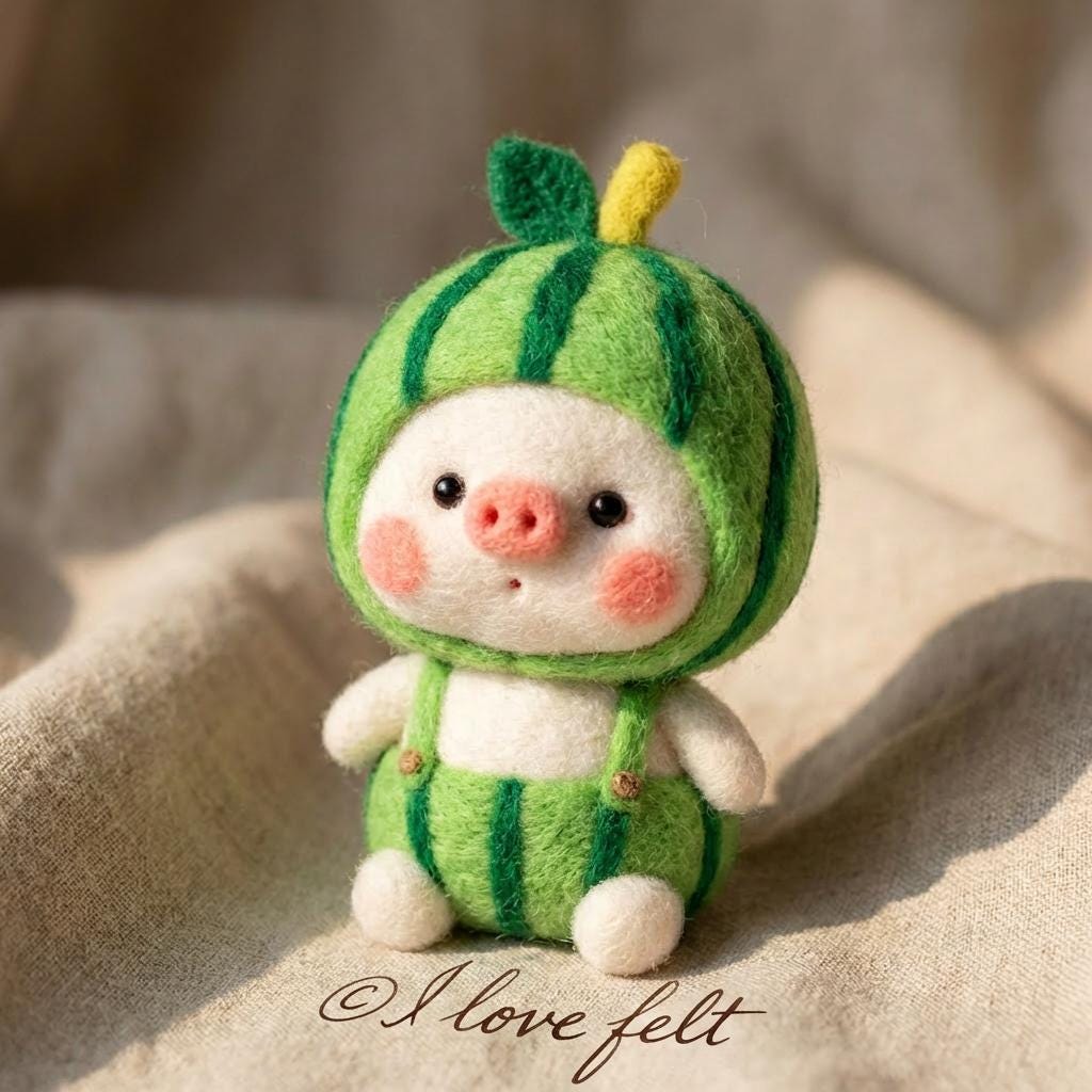 Needle felted fruit pig figurine by wwwilovefelt, wool desk buddy, cute pig sculpture perfect for Mother's Day or home decor.