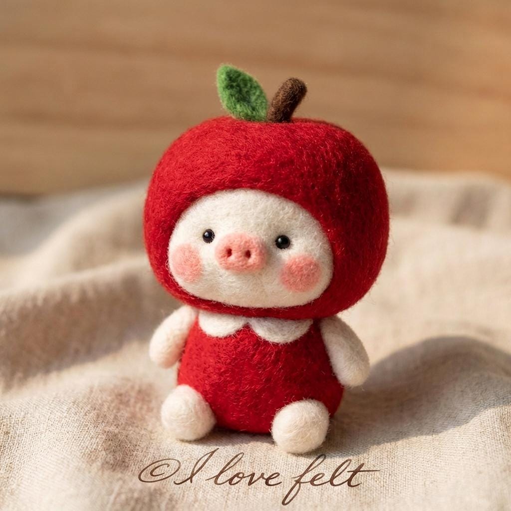 Needle felted pig figurine by wwwilovefelt, wool desk buddy with fruit design, perfect for Mother's Day or home decor.