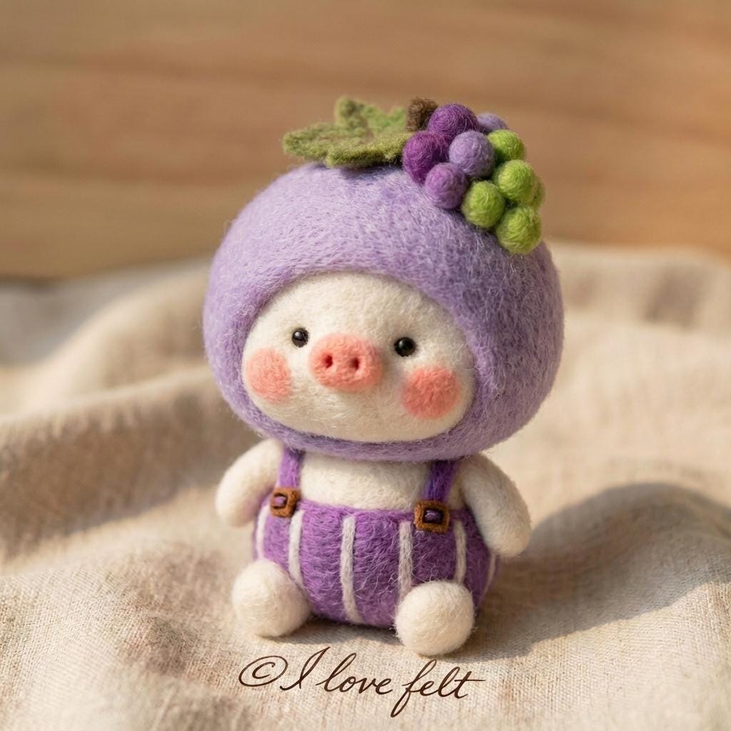Needle felted pig figurine by wwwilovefelt, wool desk buddy, adorable fruit-themed pig sculpture for home or office decor.