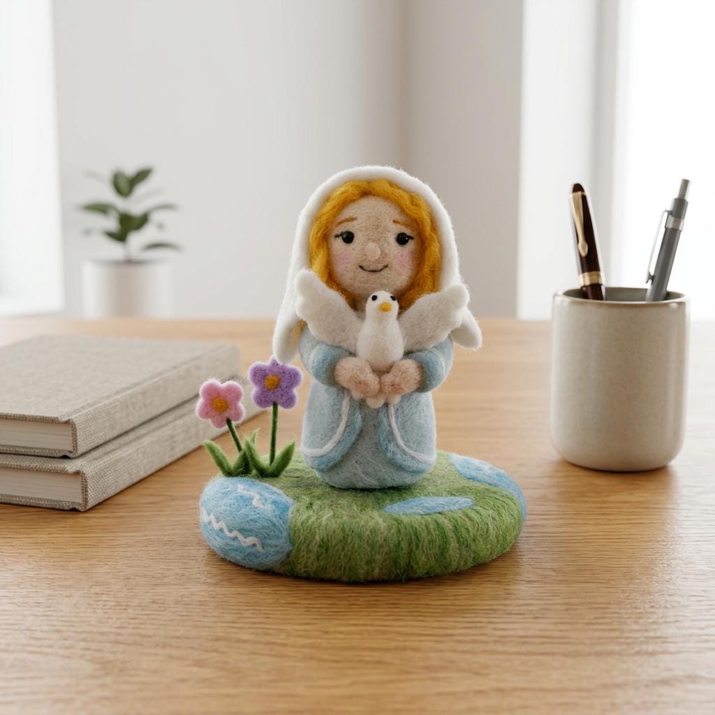 Needle felted Virgin Mary figurine by Jiajia Felt Studio, Christian faith decor with detailed religious craftsmanship.