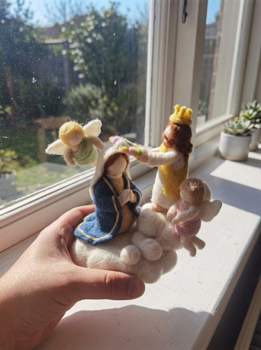 Needle felted Virgin Mary figurine from Jiajia Felt Studio, Christian faith decor with detailed religious design and soft felt texture.