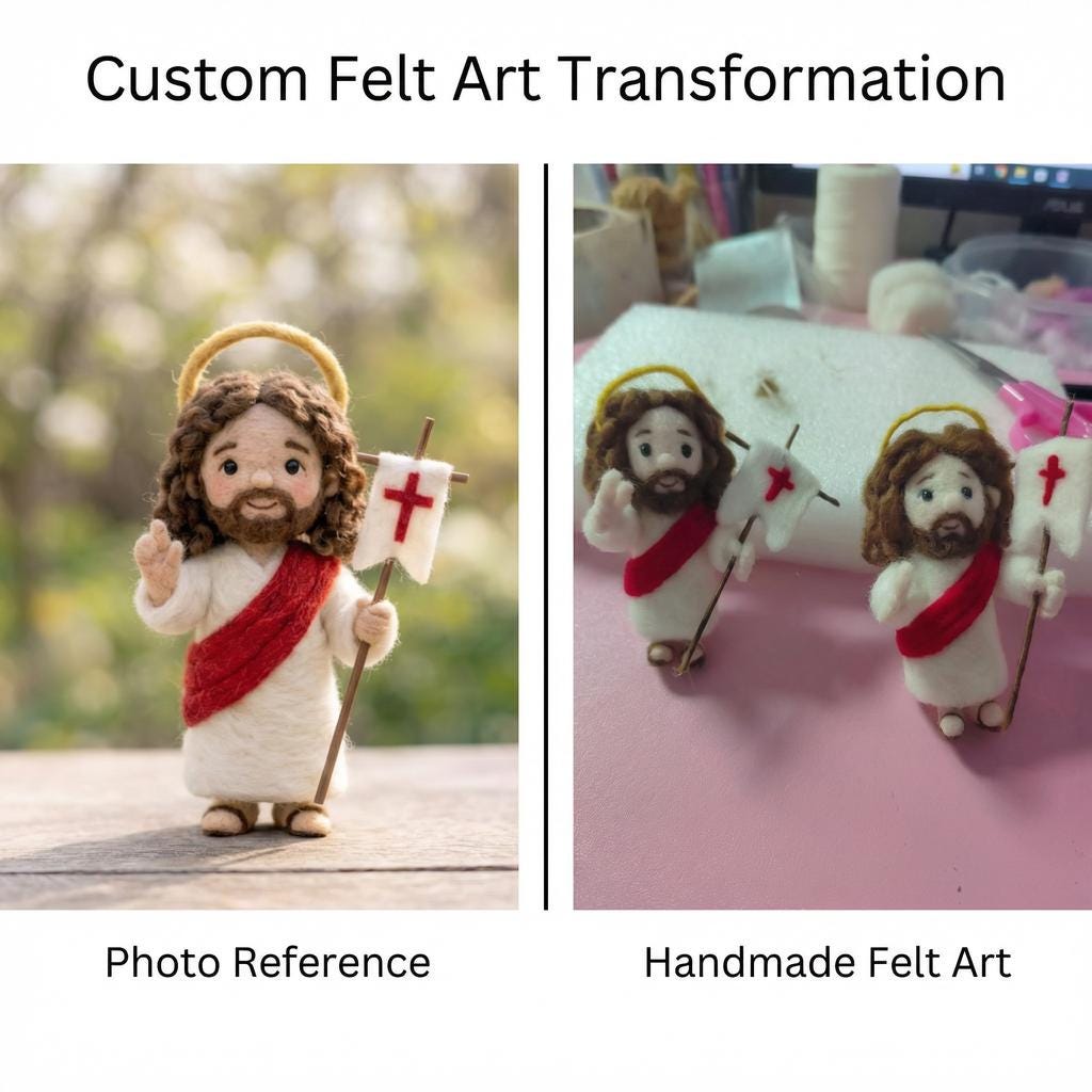 Needle felt Easter Nativity Scene by Jiajia Felt Studio, Christian faith decor with detailed figures of Mary, Joseph, and baby Jesus.