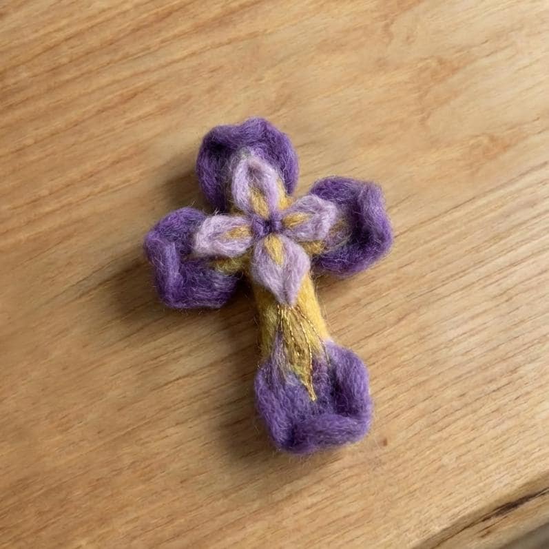 Hand felted wool floral cross pendant from Jiajia Felt Studio, showcasing colorful felted wool flowers on a cross-shaped jewelry piece.