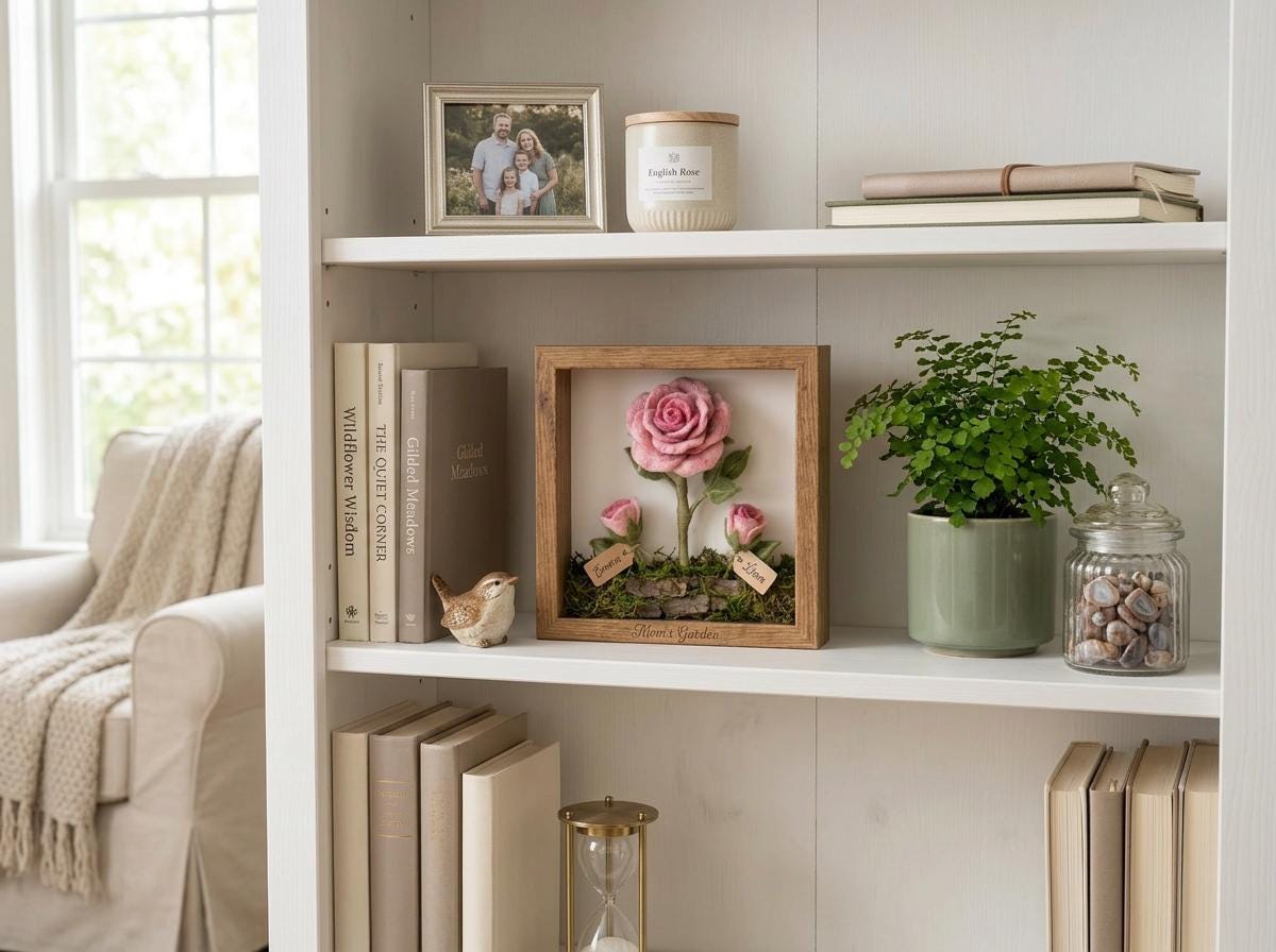 Personalized Felt Rose Shadow Box, Mom's Garden Keepsake, Needle Felted Flower Frame