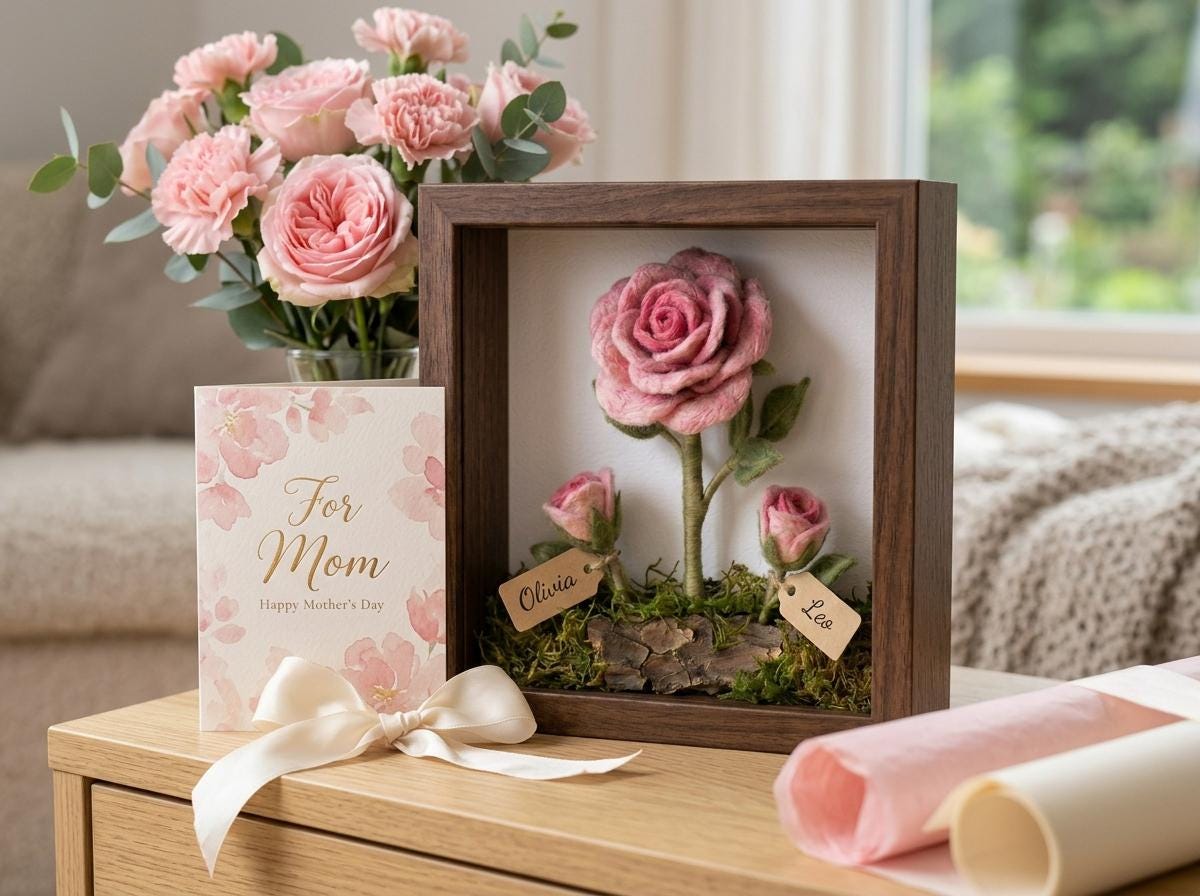 Personalized Felt Rose Shadow Box, Mom's Garden Keepsake, Needle Felted Flower Frame