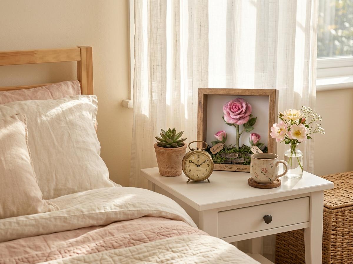 Personalized Felt Rose Shadow Box, Mom's Garden Keepsake, Needle Felted Flower Frame