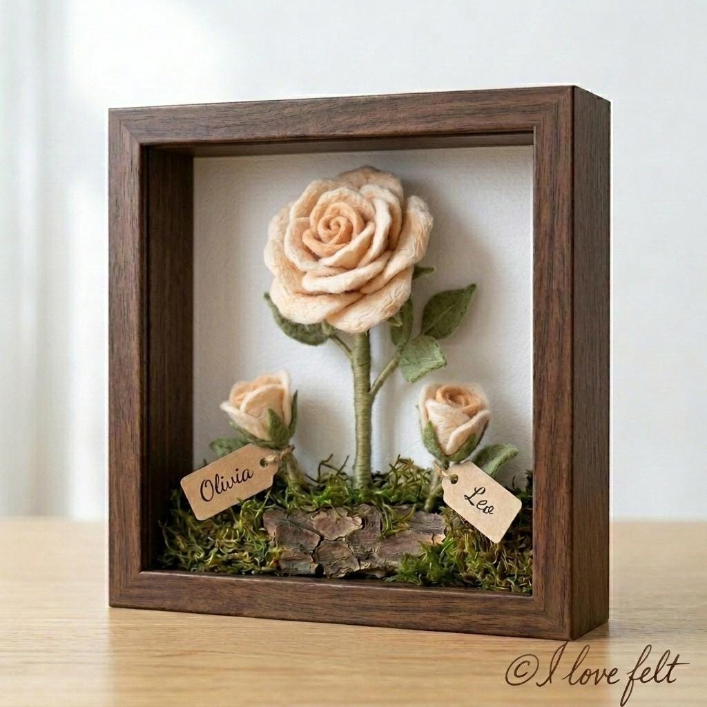 Personalized Felt Rose Shadow Box, Mom's Garden Keepsake, Needle Felted Flower Frame