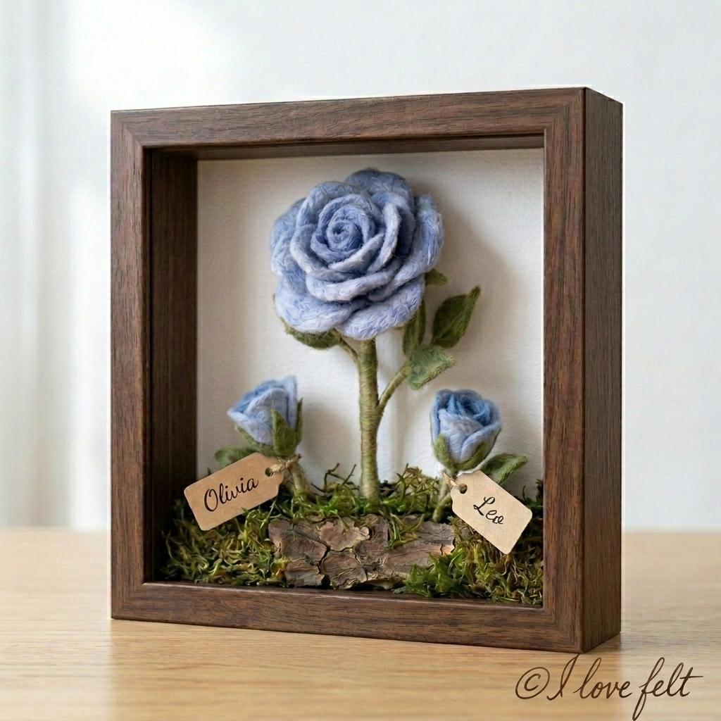 Personalized Felt Rose Shadow Box, Mom's Garden Keepsake, Needle Felted Flower Frame