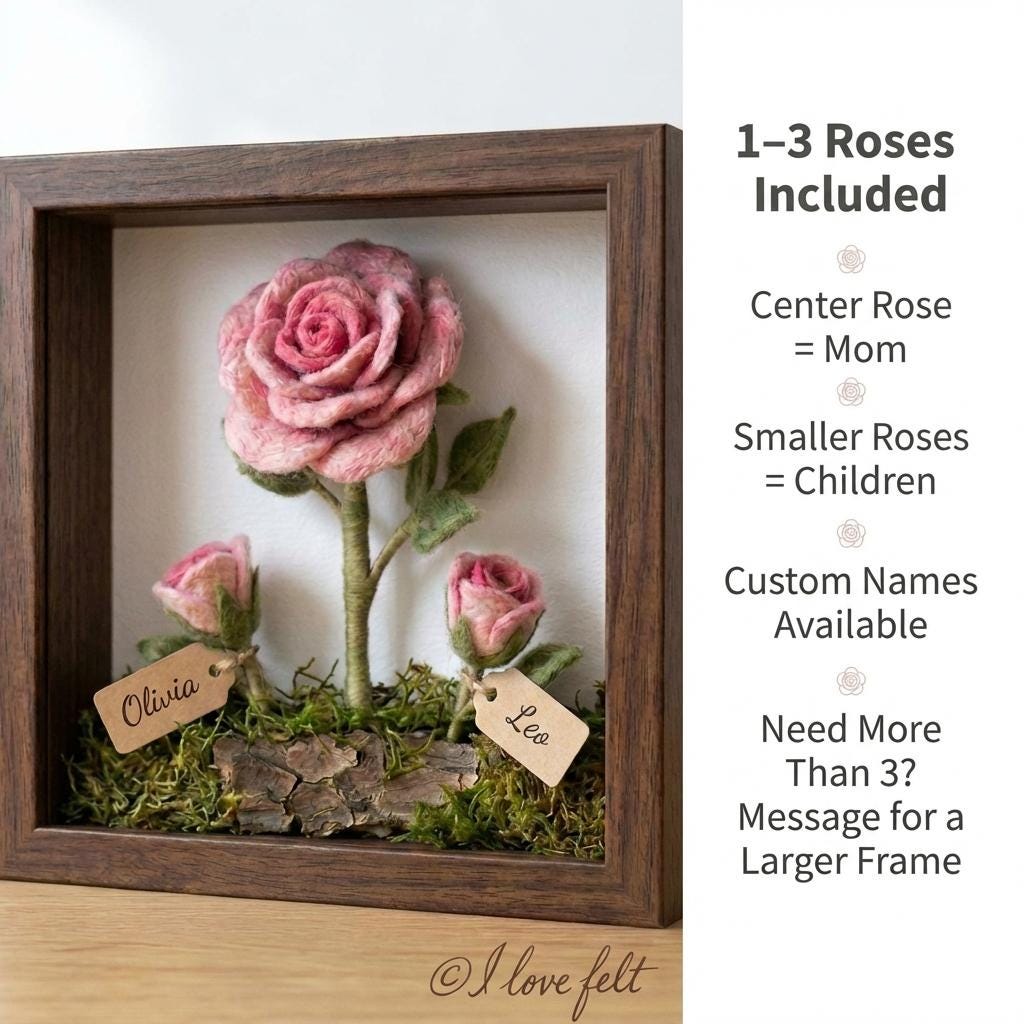 Personalized Felt Rose Shadow Box, Mom's Garden Keepsake, Needle Felted Flower Frame