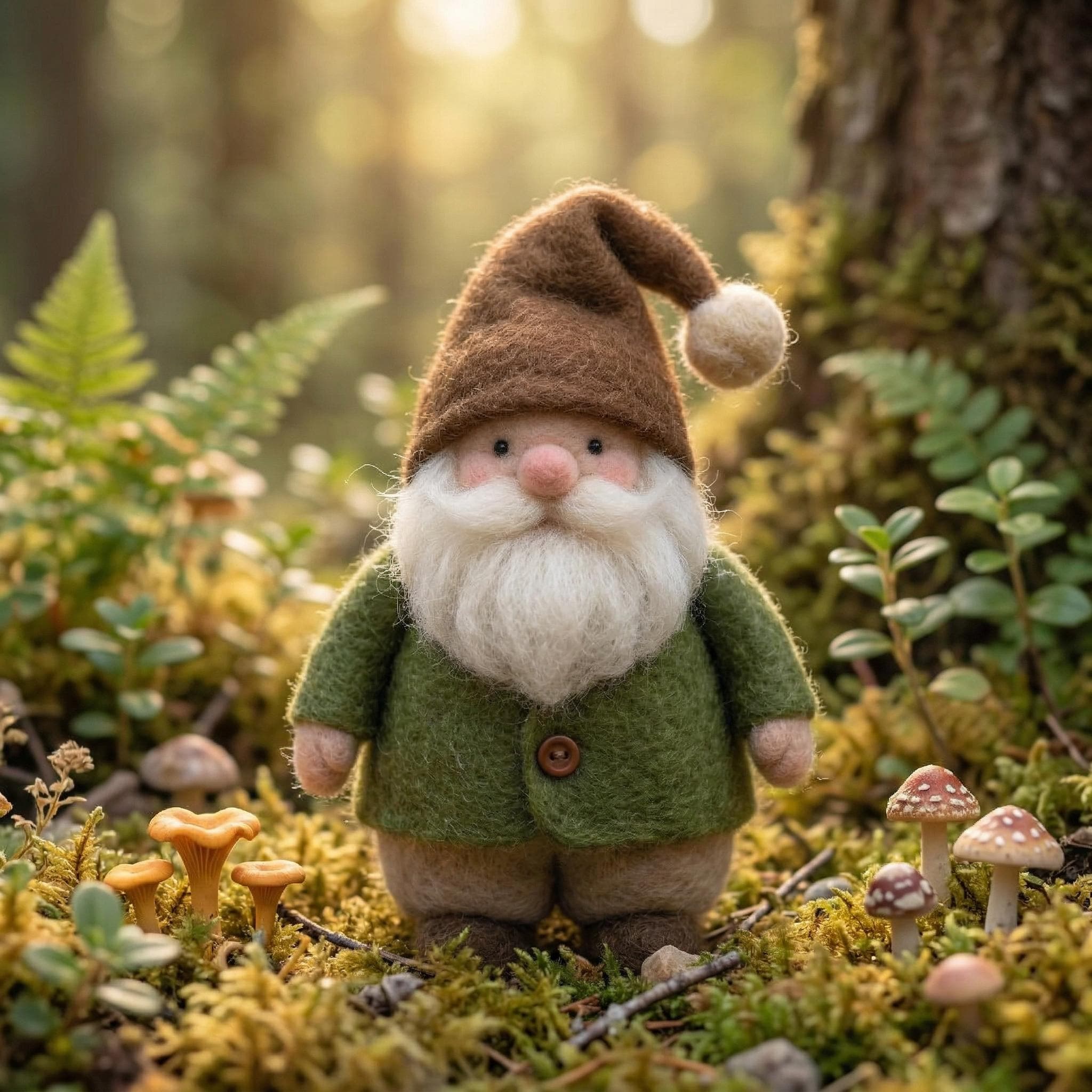 Needle felted gnome figurine by wwwilovefelt, handmade wool woodland miniature decor, with a tall hat and cozy details.