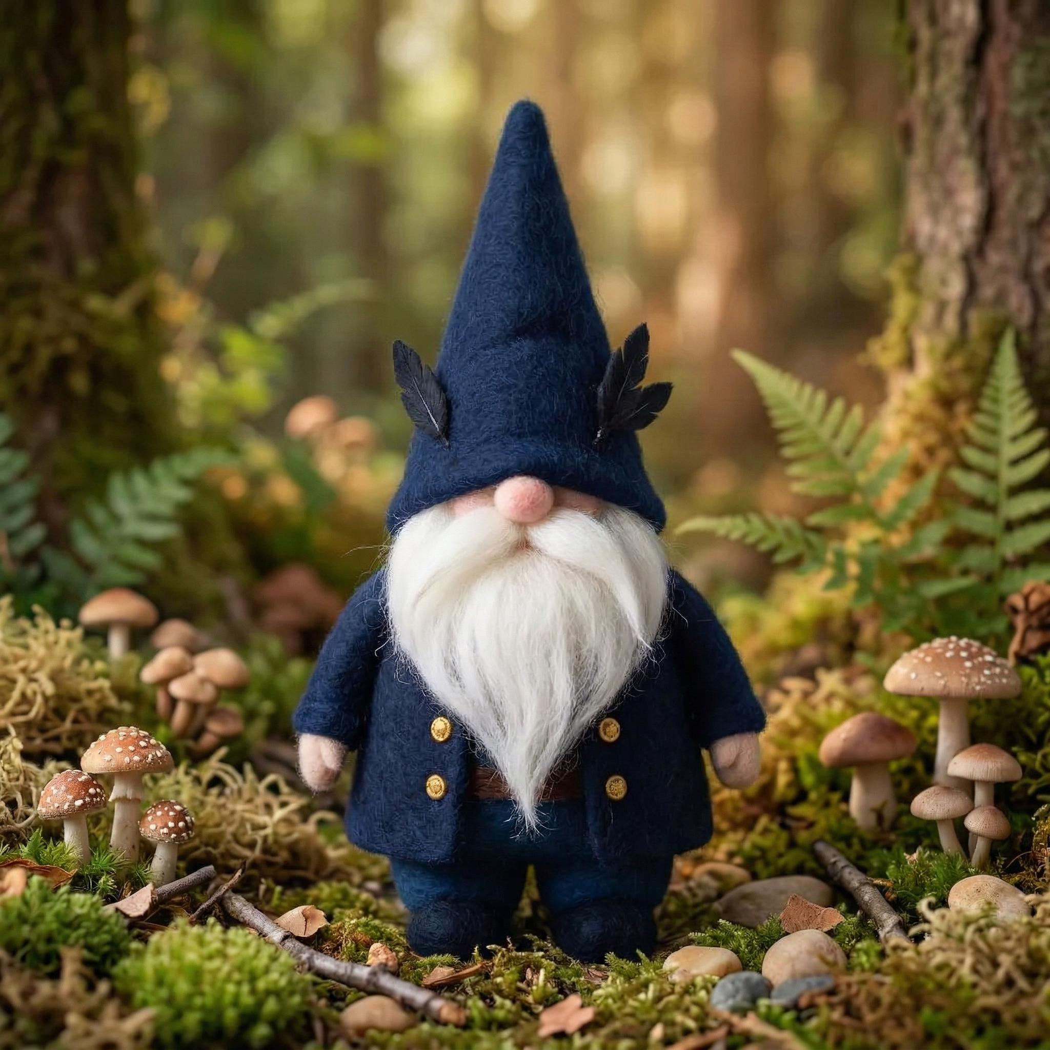 Handmade wool needle felt gnome figurine with woodland theme, perfect for miniature decor or gift for mom.