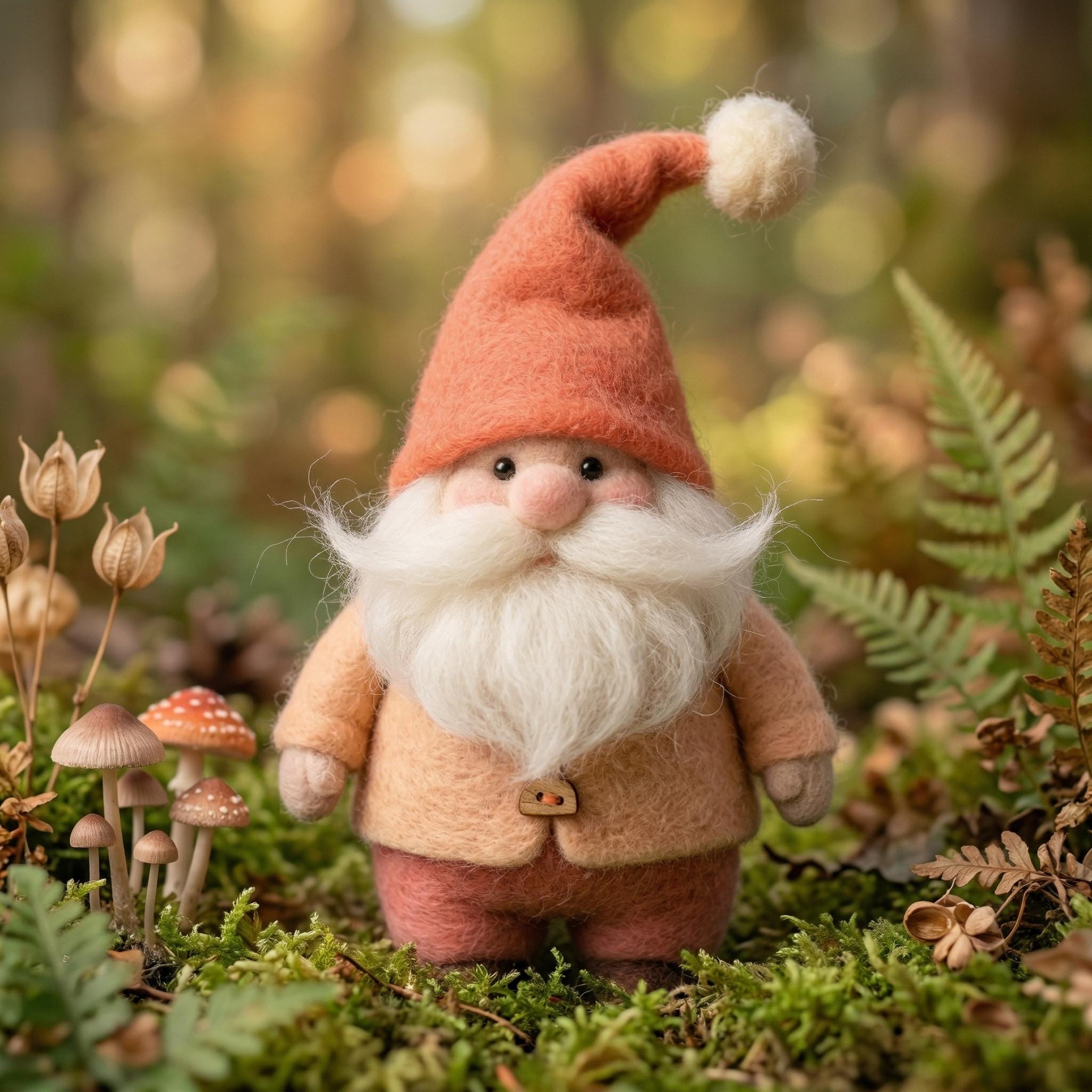 Handmade wool needle felted gnome figurine with woodland design, perfect for miniature decor or gift for mom by wwwilovefelt