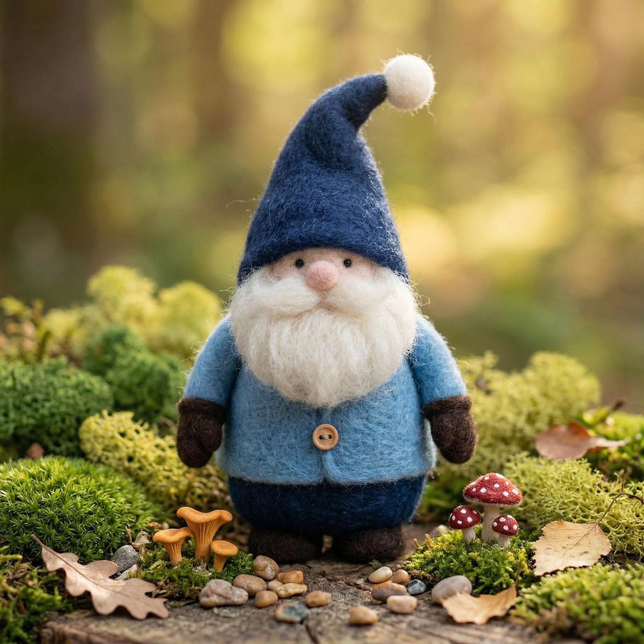Handmade wool needle felt gnome figurine with woodland details, perfect as a charming miniature decor or gift for mom.